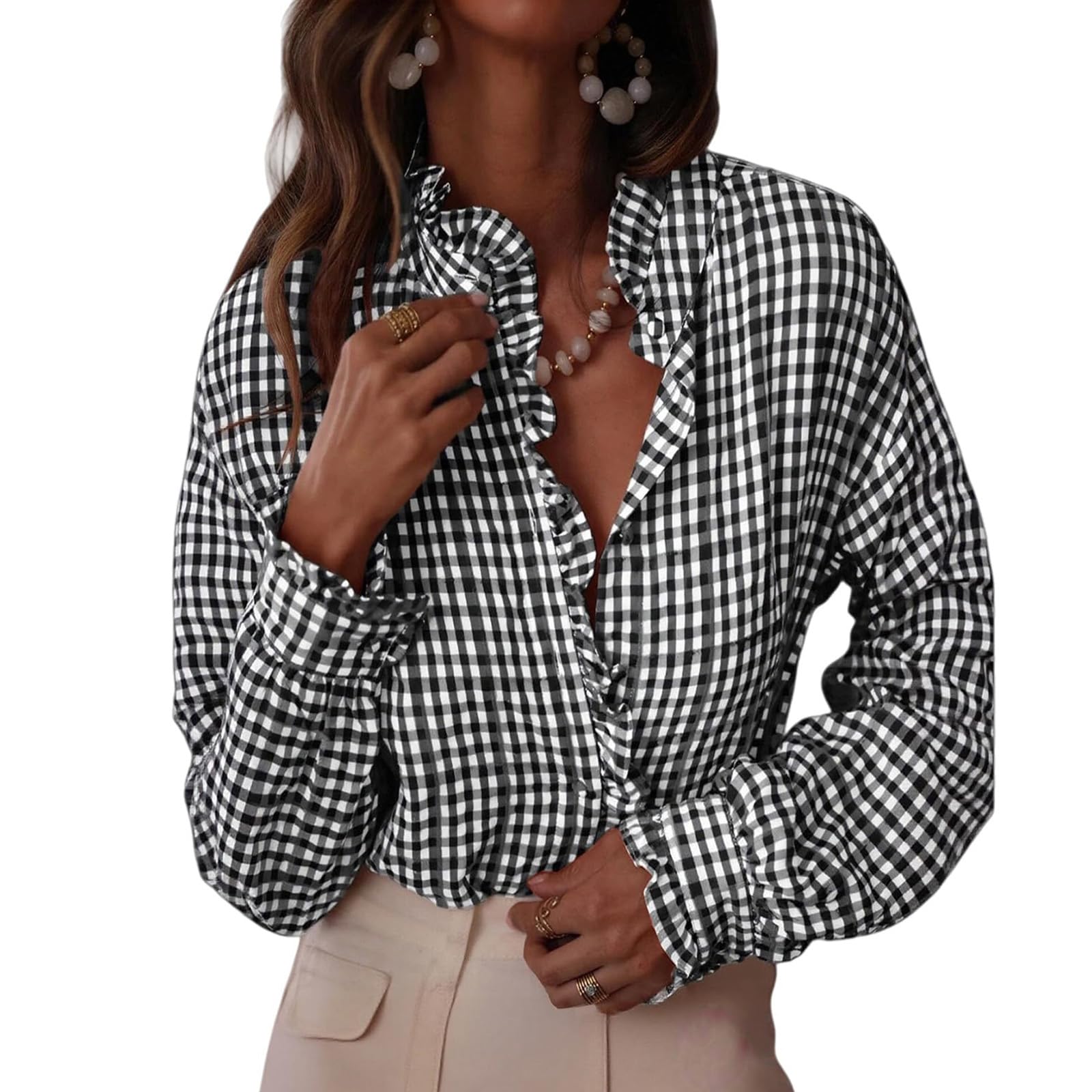 Blusa a cuadros con cuello en V y botones para mujer, estilo casual, de manga larga, a cuadros, a la moda, camisas a cuadros para mujer