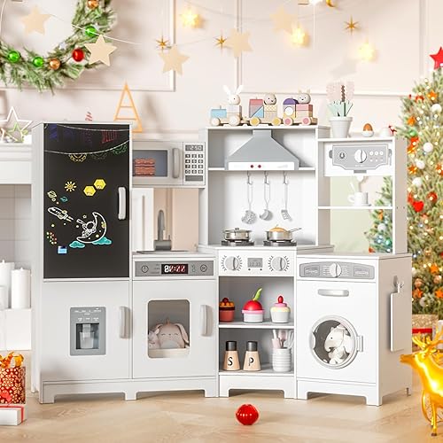 MAMIZO Cocina de esquina de madera, gran juego interactivo de cocina para niños pequeños con pizarra, estufa y campana extractora con luz y sonido,