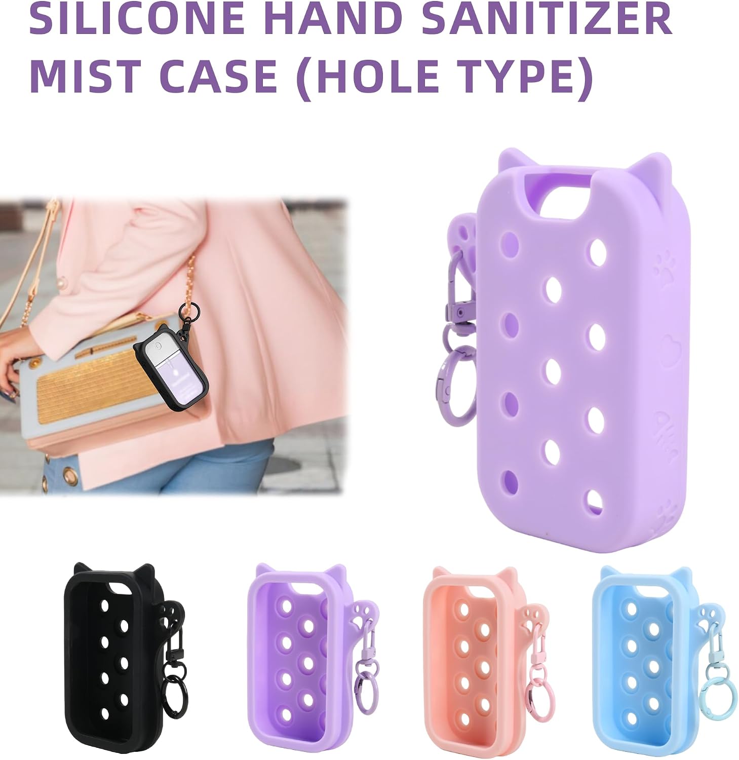 Silicone Case for Touchland Hand Sanitizer Bottles (1 FL OZ/30mL) - Cat Design Protective Holder with Portable Keychain 1 Pcs (Pink) image 4