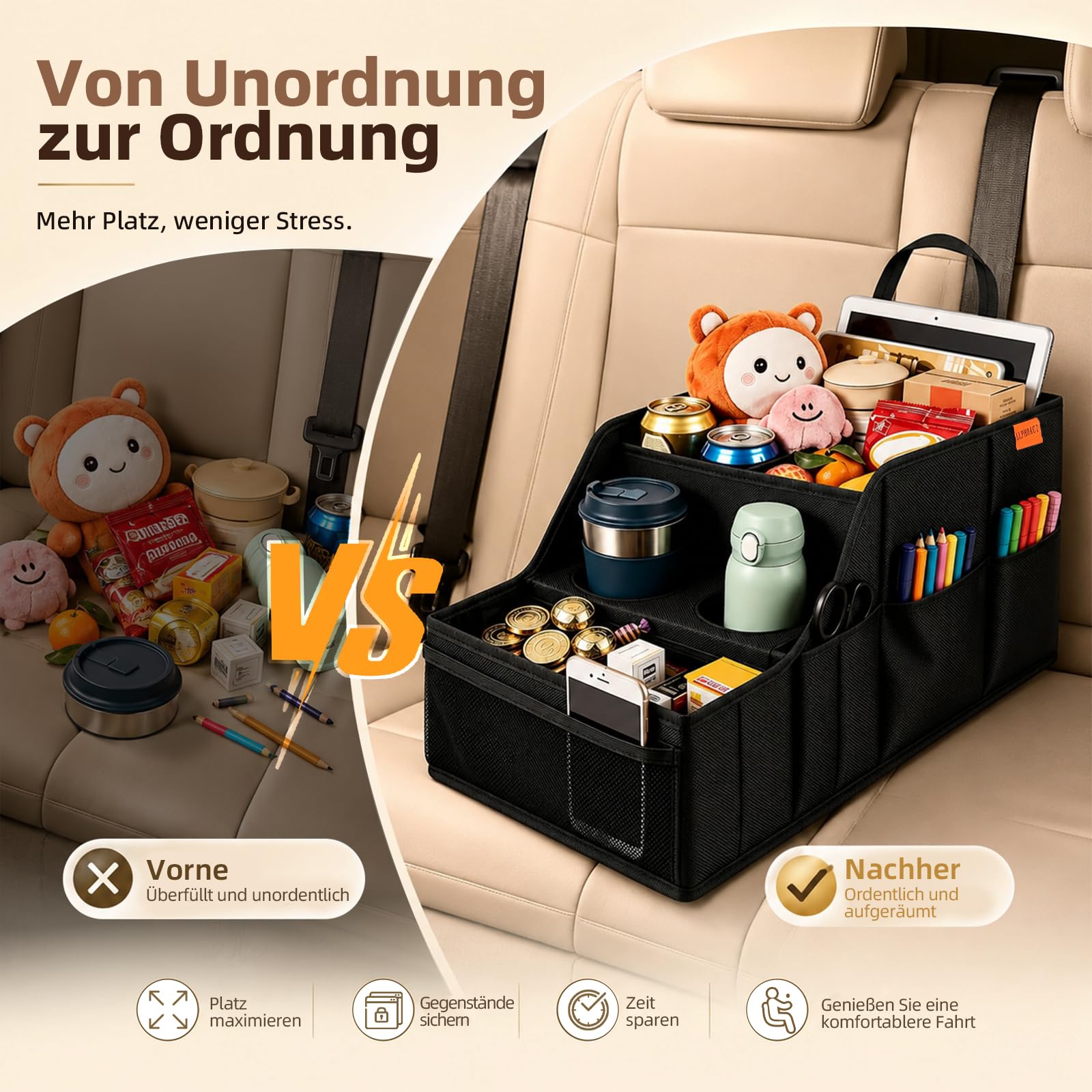 Auto Organizer – stabil, faltbar – 9 Fächer, 2 Getränkehalter – auto organizer für Rücksitz & Beifahrersitz – viel Platz – ideal für Reisen (Schwarz)