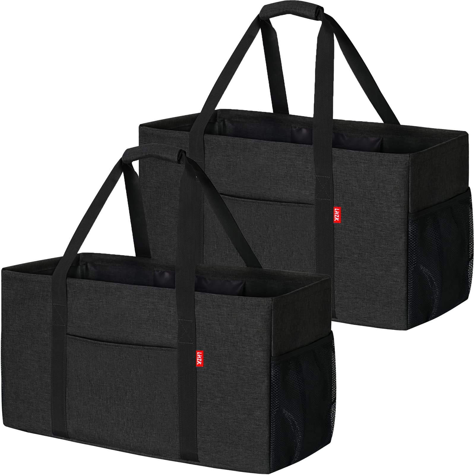 LHZK 2 Pack Extra Large Utility Tote Bag with Metal Wire Frame and the Sides Rinforced, Extra Large Tote Bag with Handle for Pool Beach Laundry Storage (Black)