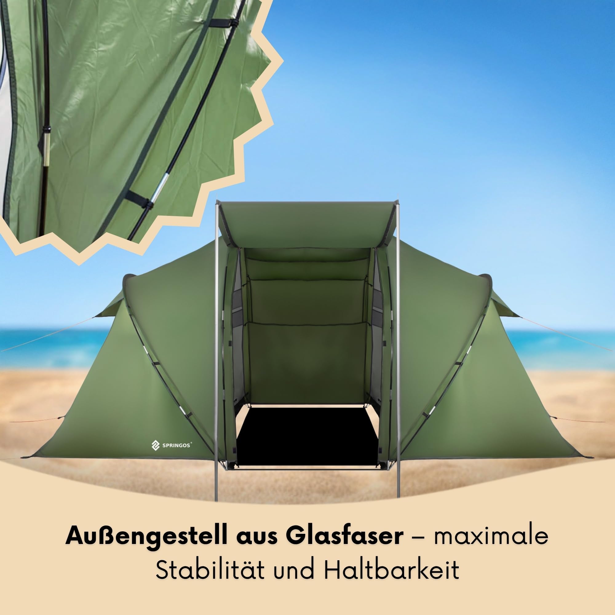 SPRINGOS Campingzelt Kuppelzelt bis 4 Personen mit Vorraum und 2 Schlafkabinen Haken für Zeltlampe Abspannleinen Tragetasche