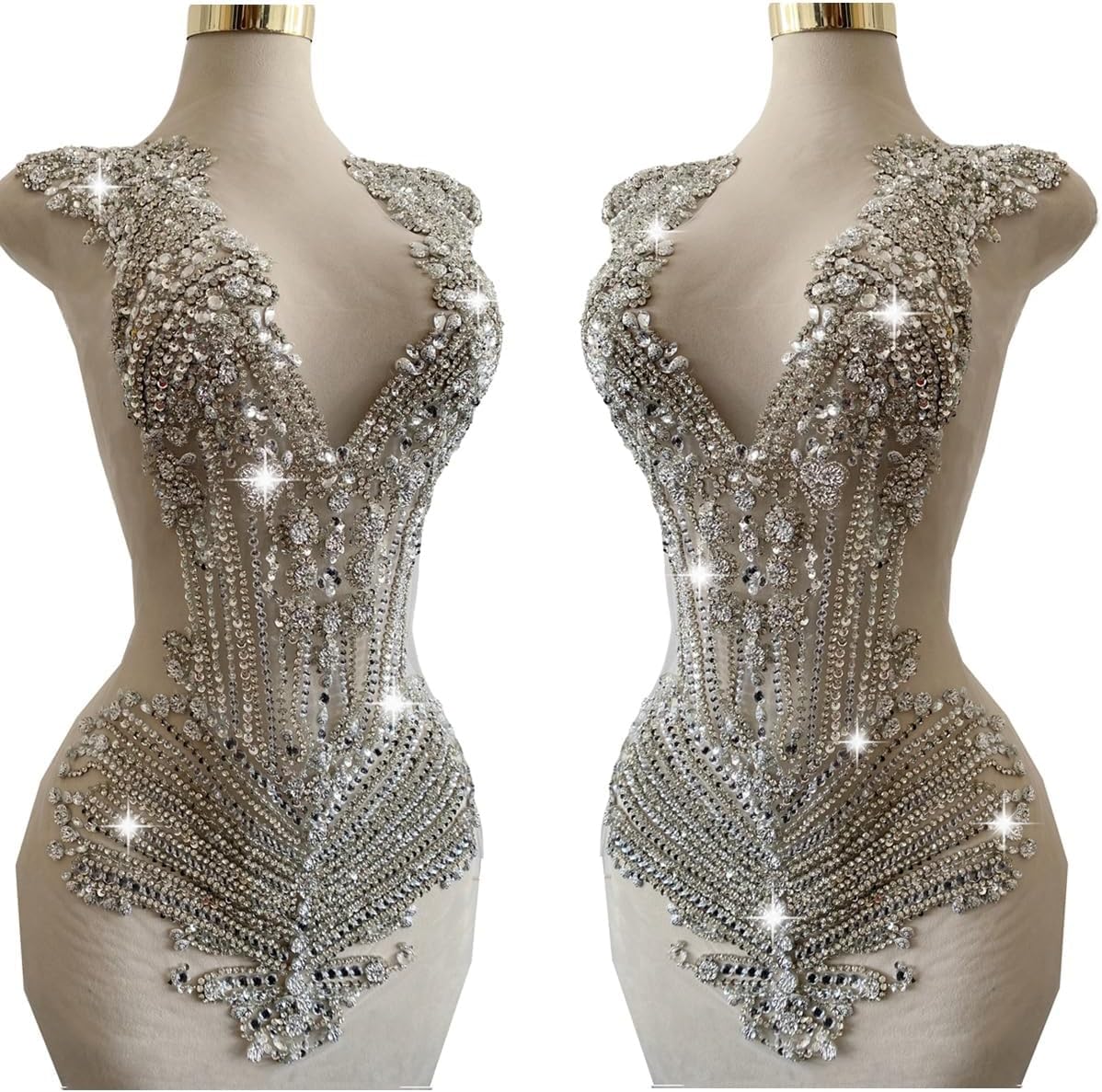 Photo 1 of wtbv.n Handmade Rhinestones Applique on White net sew on Beads Crystal Patches Accessory for Dress Clothes (Silver)