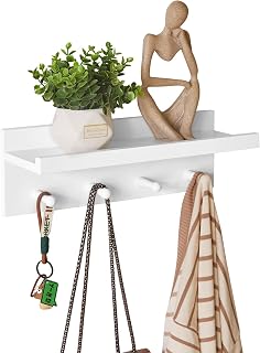 Aibiju Solid Wood Wall-Mounted Coat Hook Shelf 15.75in - Entryway Organizer for Coats, Towels, Keys in Kitchen or Bathroom, White YD-WS0240W