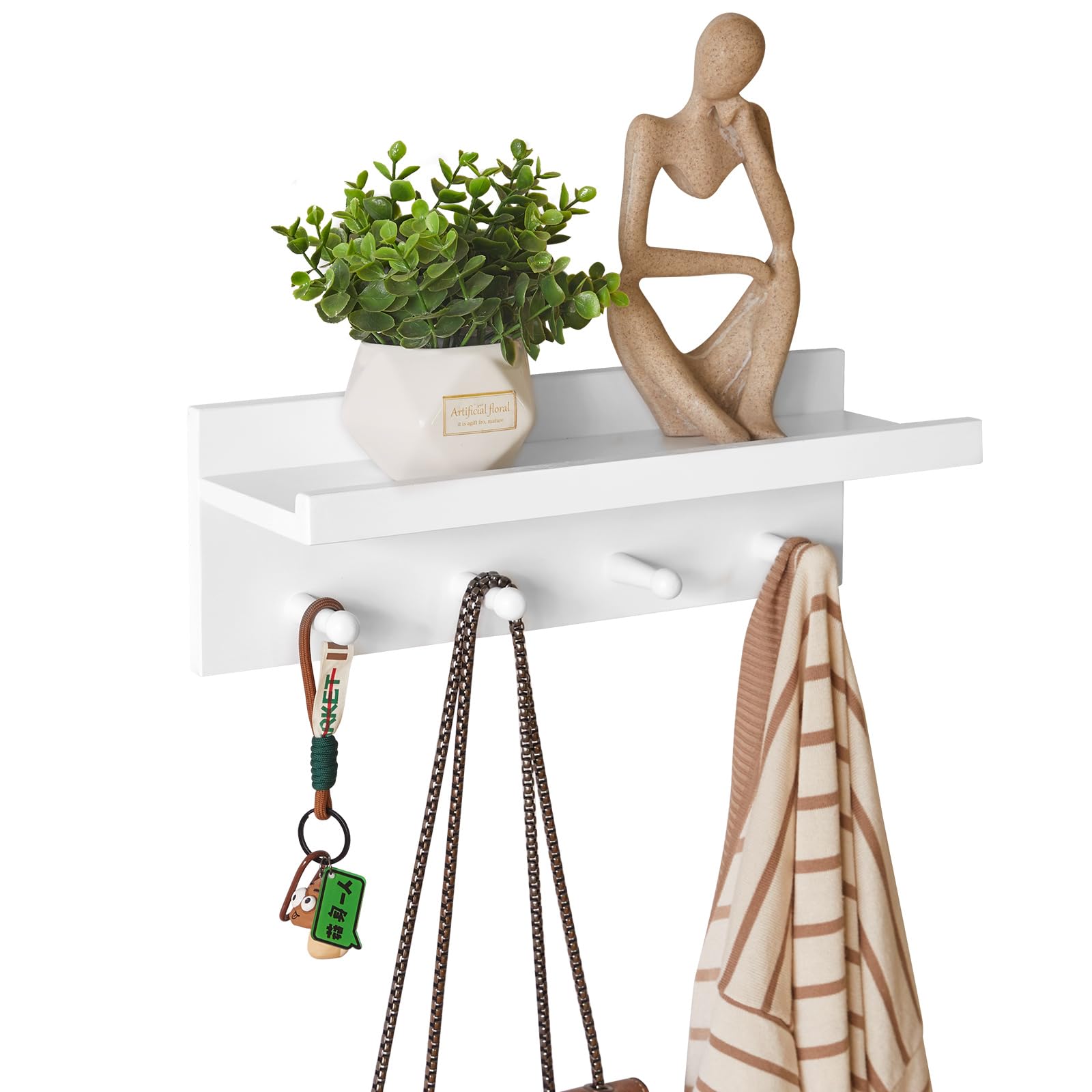 Aibiju Wandgarderobe mit Ablage, Kleiderhaken aus Holz mit Wandregal, 40 cm Wandregal, Schlüsselhalter für den Eingangsbereich, für Badezimmer, Küche, Kleiderhaken, Weiß YD-WS0240W