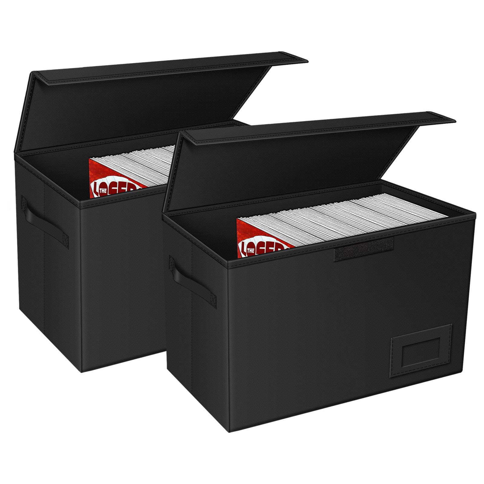 KKU 2 Pack Comic Book Storage Box, Collapsible Waterproof PU Leather Short Comic Box 15.7"×11.4"×7.5", Container with Lid Book Bin, Large Comic Book Oragnizer Black