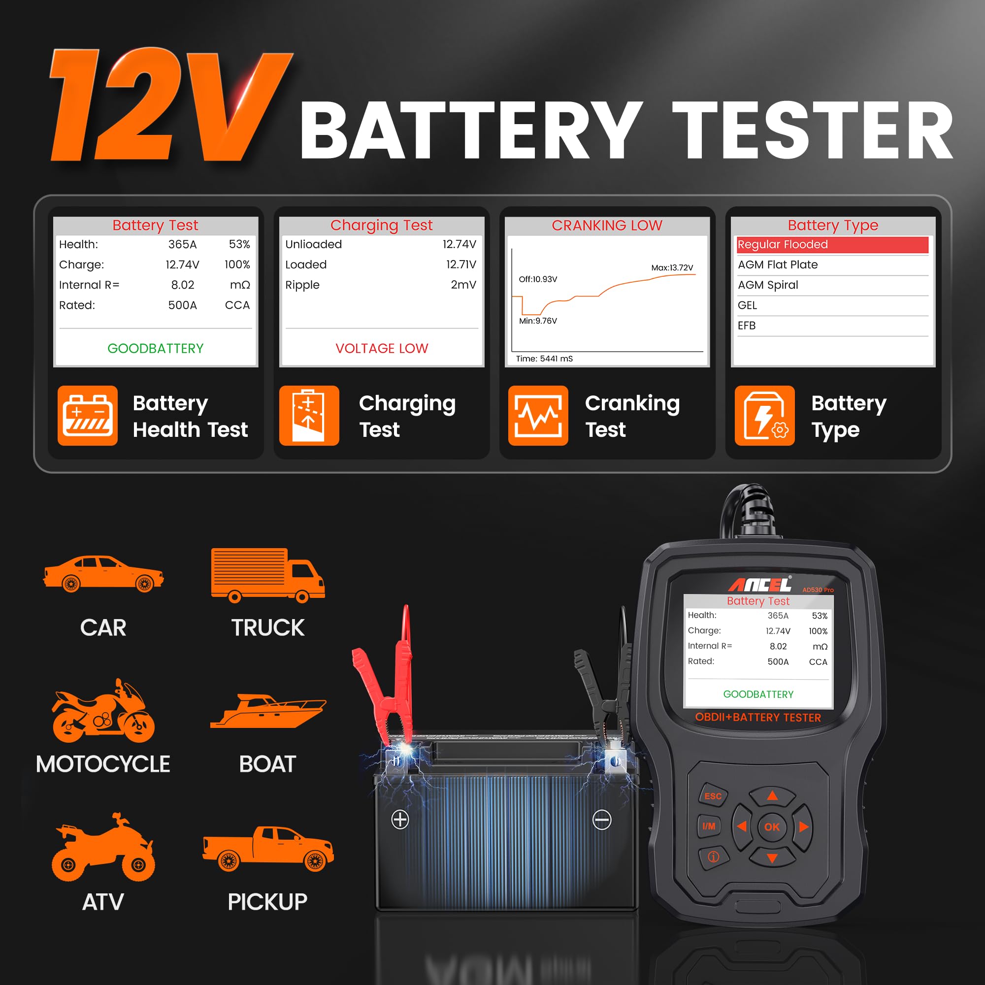 ANCEL AD530 PRO 2 in 1 OBD2 Scanner & Car Battery Tester, Car Scanner Diagnostic Tool with Live Data, 12V Battery Tester with Charging & Cranking Test, Check Engine Code Reader for 1996+ Vehicles