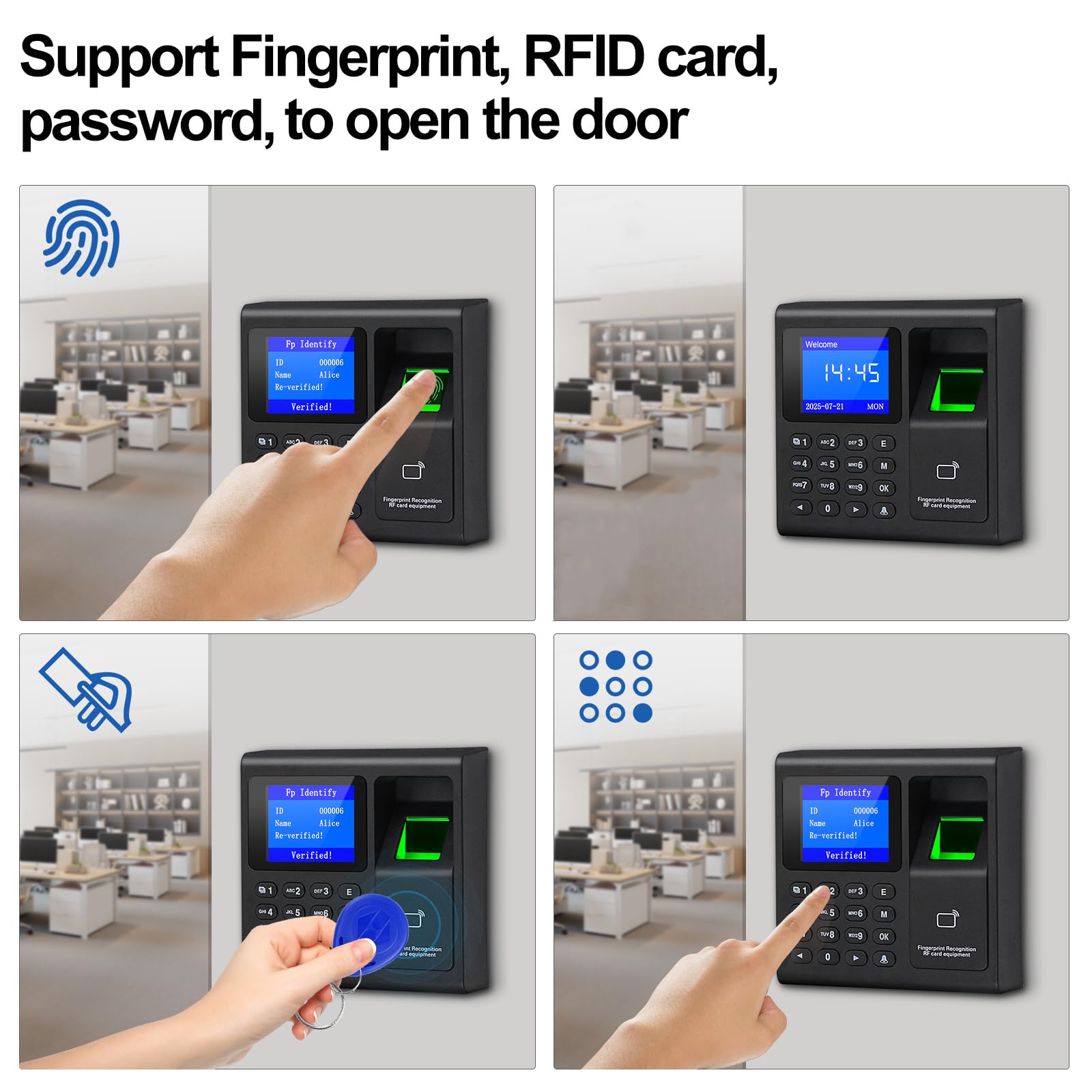 Sistemas de seguridad con máquina de asistencia de tiempo de huellas dactilares para empresa con interruptor de puerta, fuente de alimentación, 10 llaveros de identificación de 125 KHz