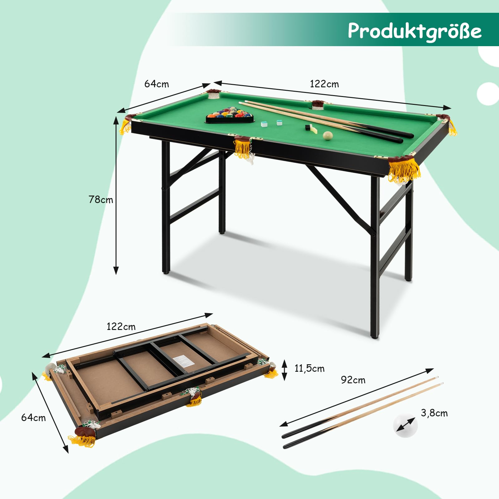 GOPLUS klappbarer Billardtisch, Billiard Tisch mit Zubehör, Snookertisch mit 16 Kugeln, 2 Queues, 2 Kreide, Bürste und Dreieck, Tischspiel für Kinder & Erwachsene, 122 x 64 x 78 cm