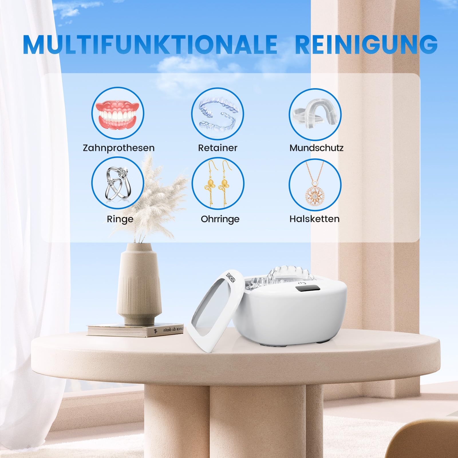 Ultraschallreinigungsgerät 48000Hz Ultraschallreiniger Schnurlos Aufladbare | 120ML | Ultrasonic Cleaner Ultraschallbad für | Zahnersatz | Retainer | Prothesen | Zahnschiene | Schmuck | (Weiß)