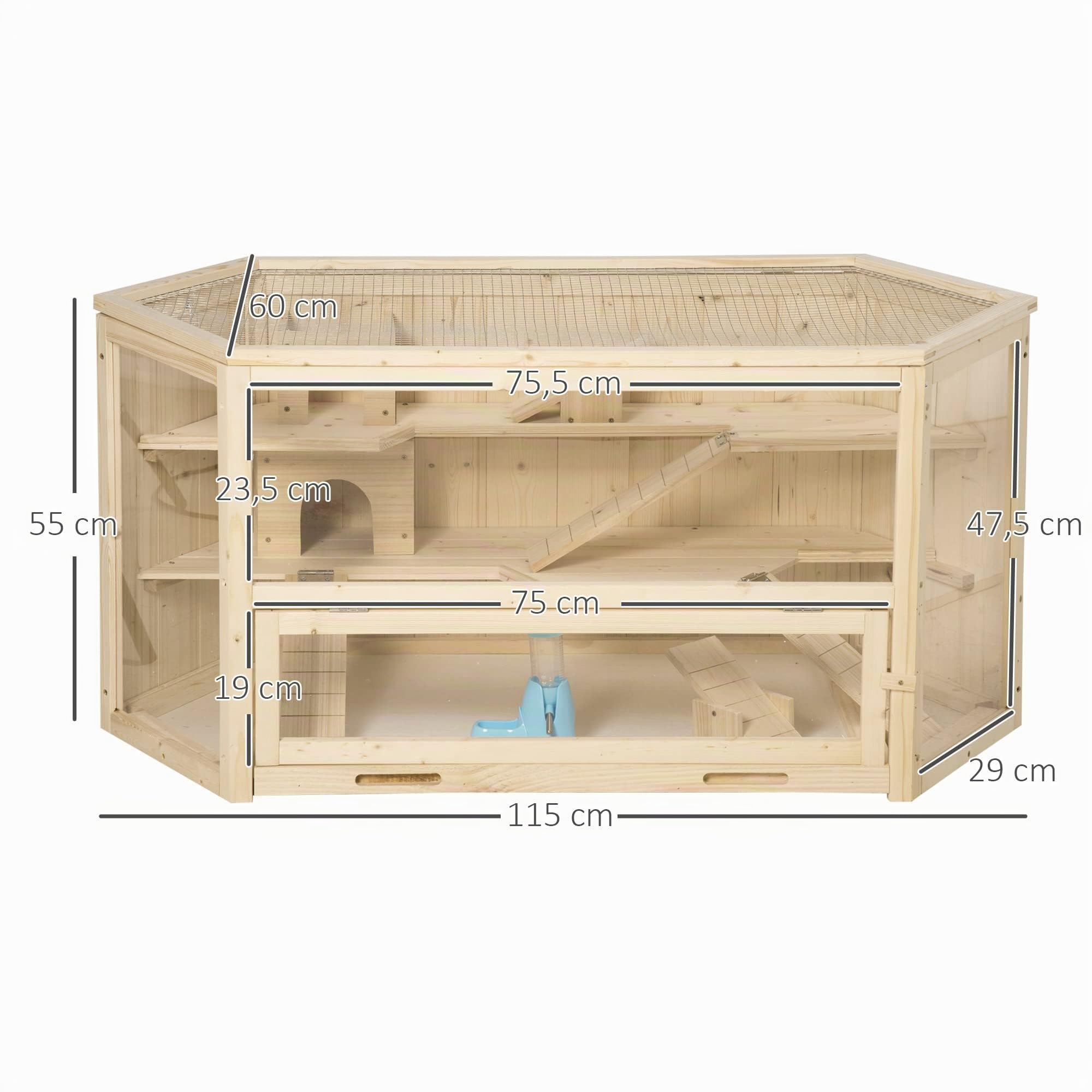 PawHut Jaula de Madera para Hámster 115x60x55 cm Casa para Roedores con 3 Niveles Techo Abatible Bandeja Extraíble Bebedero y 3 Rampas Natural