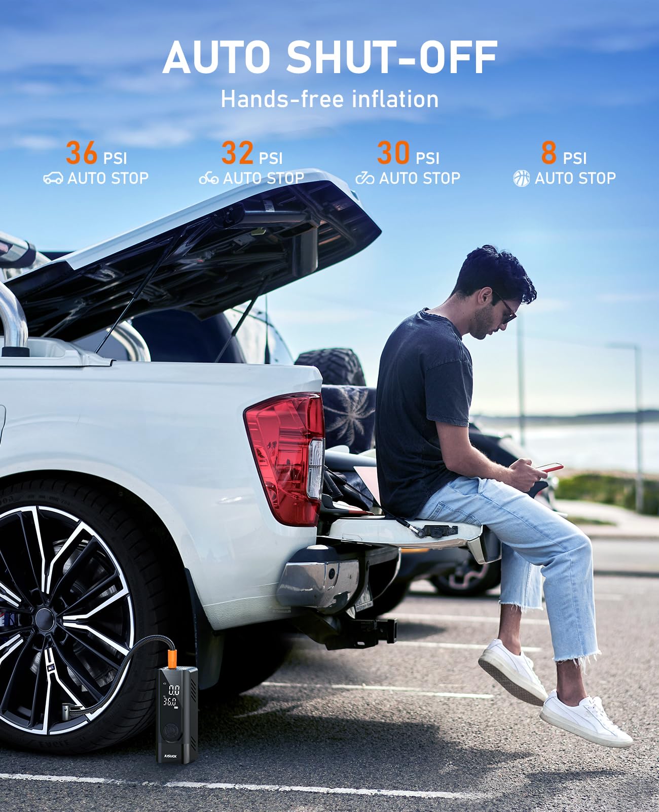 JUSUOX Tire Inflator Portable Air Compressor, Battery & 12V DC Dual Power Air Pump for Car Tires, 150PSI Cordless Bike Tire Pump with Digital Pressure Gauge, LED Light, for Motorcycle, Ball