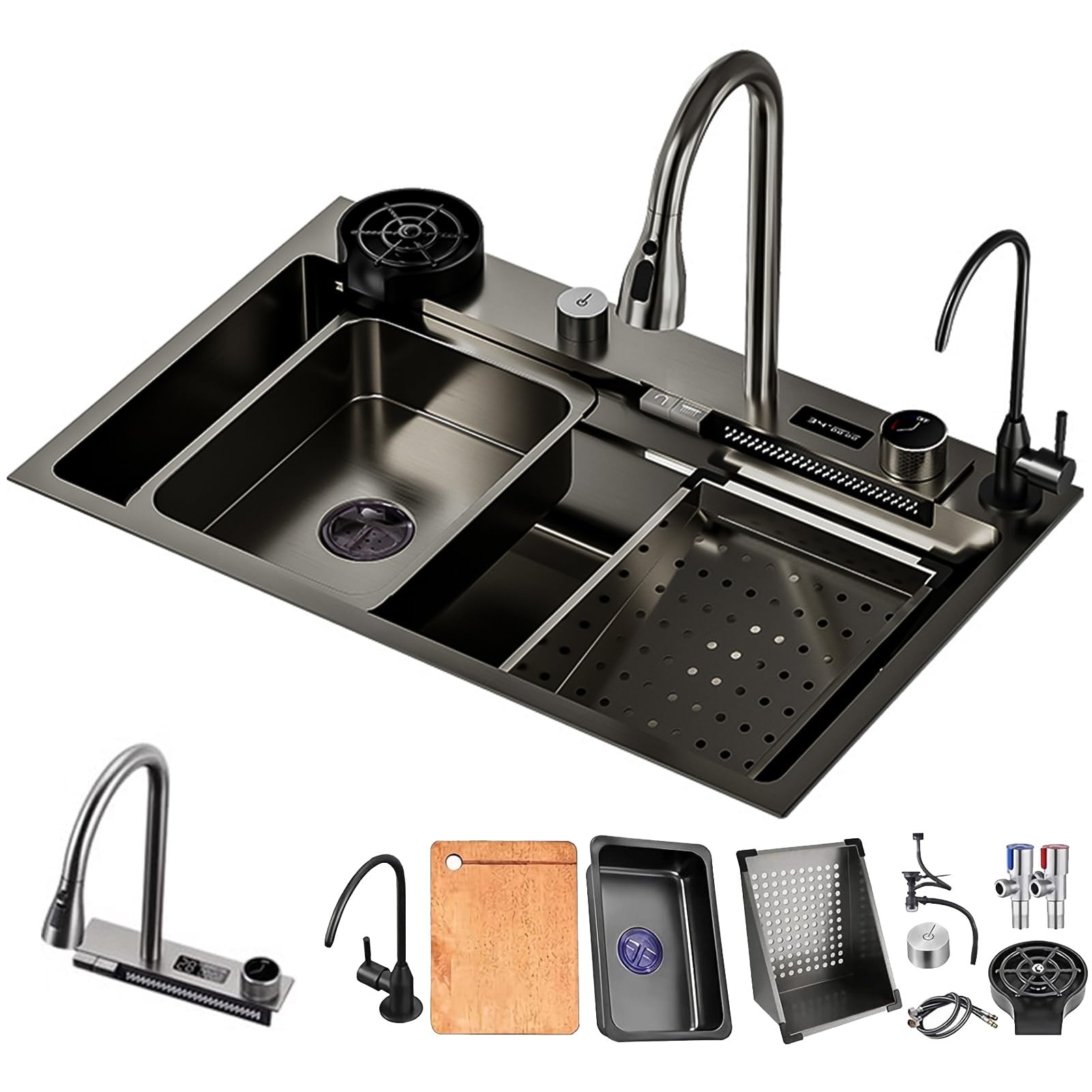 ZQFHSX Kitchen Sink, W/Digital Display Single Sink W/Pull-Out Tap, Stainless Steel Nano Waterfall Pressurised Cup Washer And Other Accessories Workstation (Color : Black-Grey, Size 75x46cm)