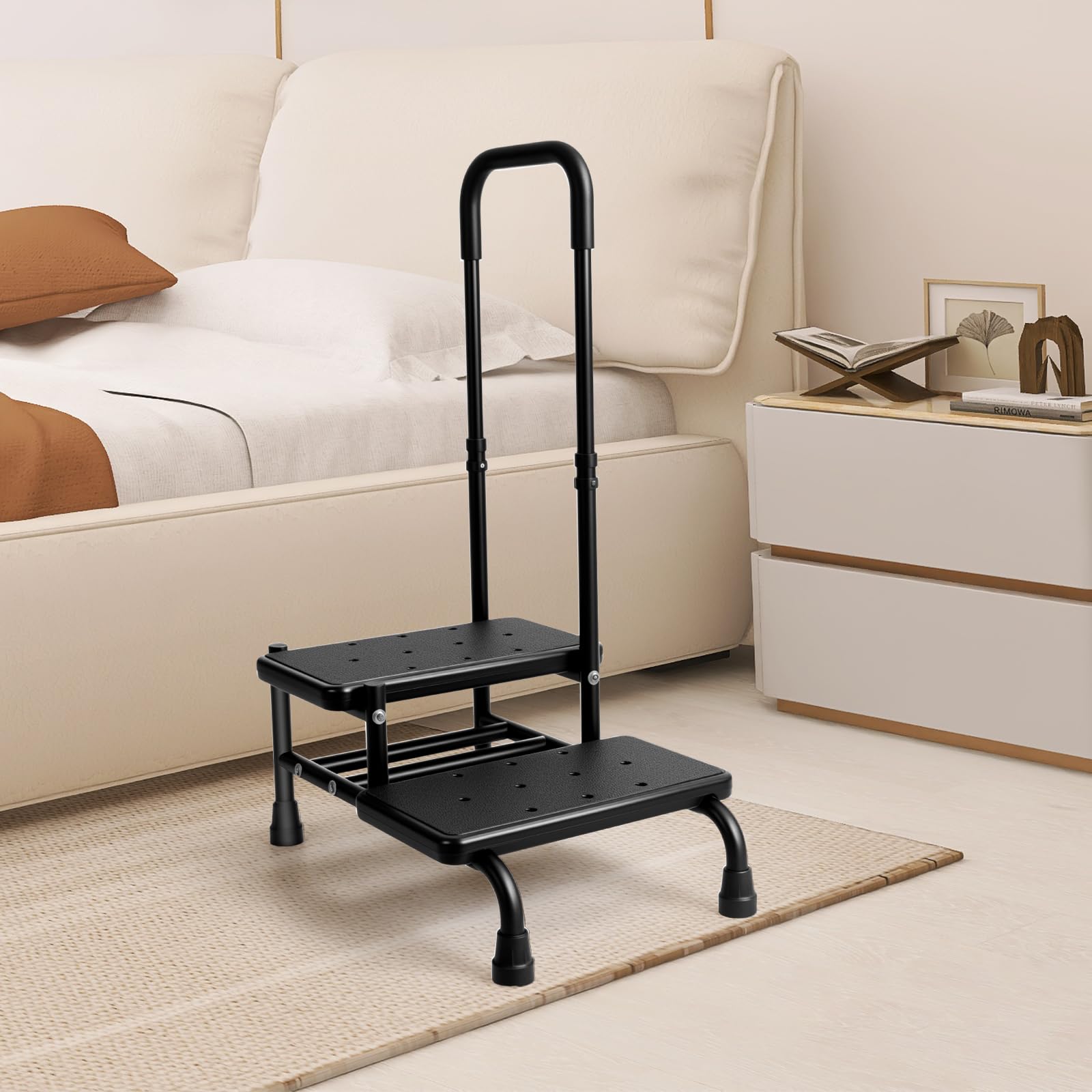 2 Step Bed Stool for Elderly with Adjustable Handrail Heavy Duty Step Stool with Handle for Seniors Adults