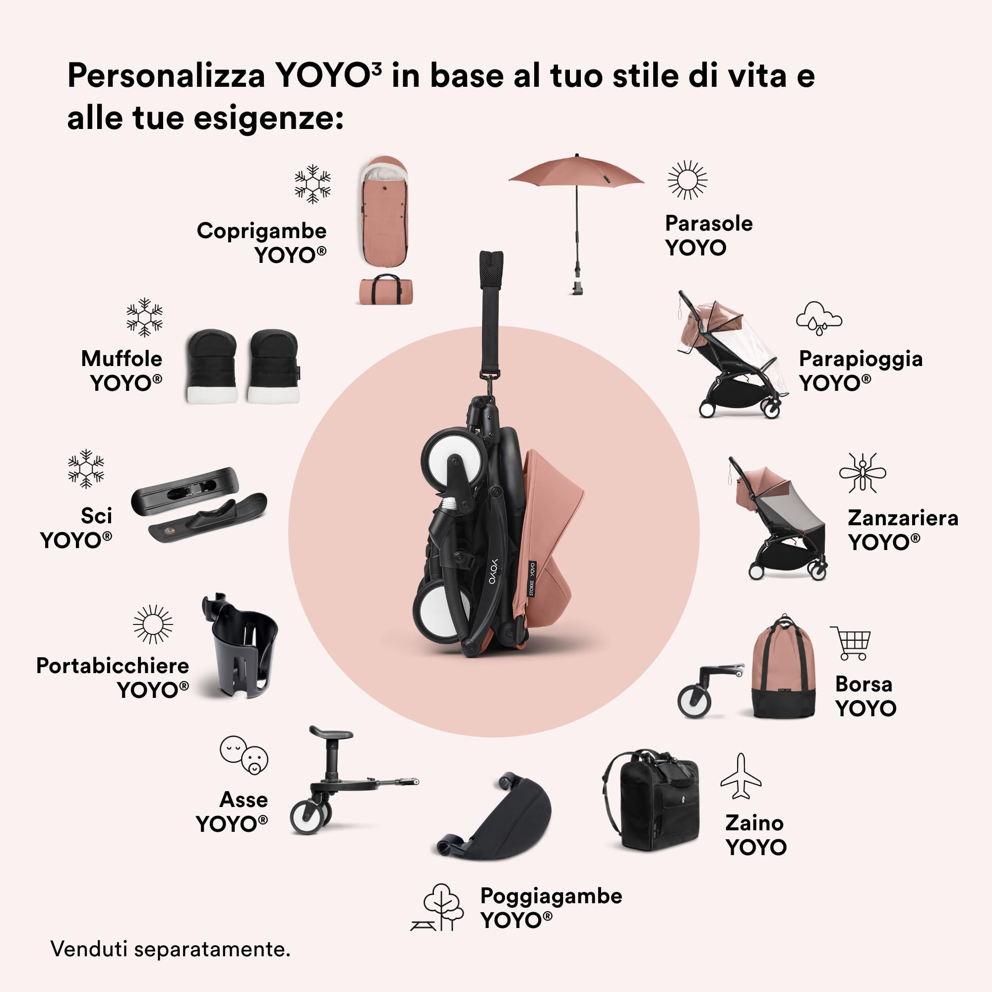 Passeggino Stokke YOYO3 da 6 mesi - Include telaio nero/cuscino seduta Ginger + Capottina - Si ripiega e si apre in un lampo - Leggero e compatto - Compatibile con il bagaglio a mano