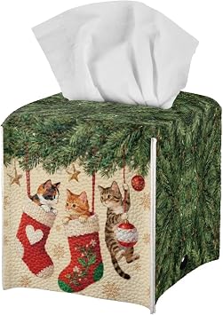 doginthehole Christmas Decor Tissue Box Cover Square Christmas Socks Cats Facial Tissue Box Holder Decorative Cube Tissues Holder Dispenser for Bathroom Vanity Countertop Bedroom Dresser Office