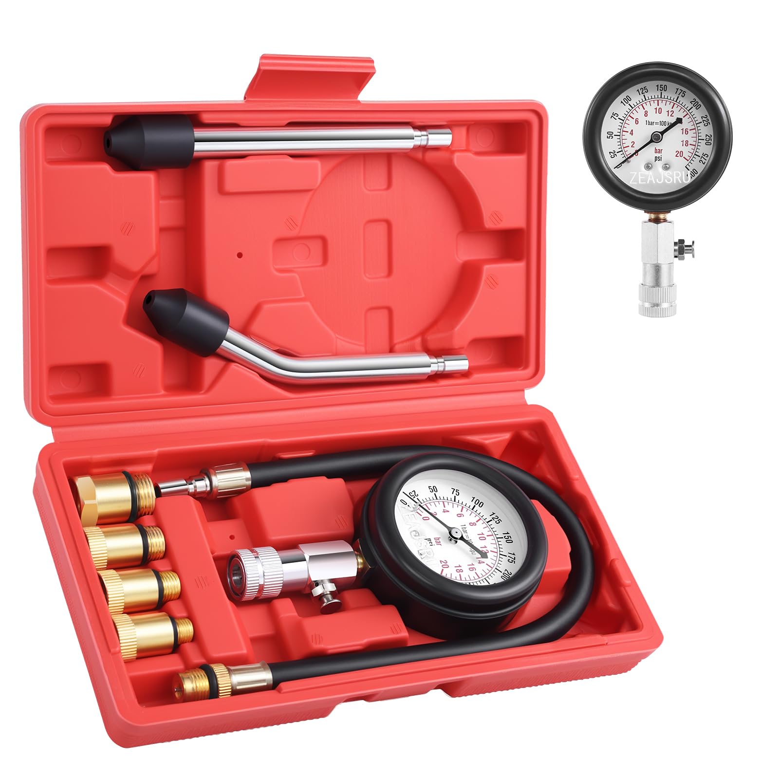 ZEAJSRU Engine Compression Tester Kit 8PCS, 0-300 PSI Cylinder Pressure Test Tool for Gasoline Engines on Cars, Motorcycles, ATVs & Small Engines with