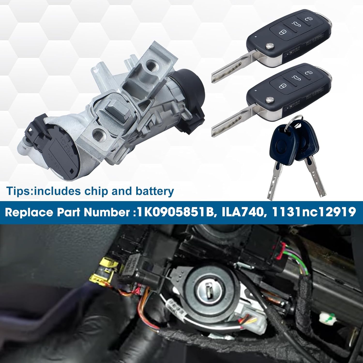 1K0905851B Ignition Switch Lock with 2 Programmed Keys (Include Chips&Batteries) fit for 06-18 VW Jetta, 07-11 Eos, 04-11 Golf, 06-09 Rabbit, 08-11 Tiguan, 12-19 Jetta Passat (not fits for 13 Passat) - Image 3