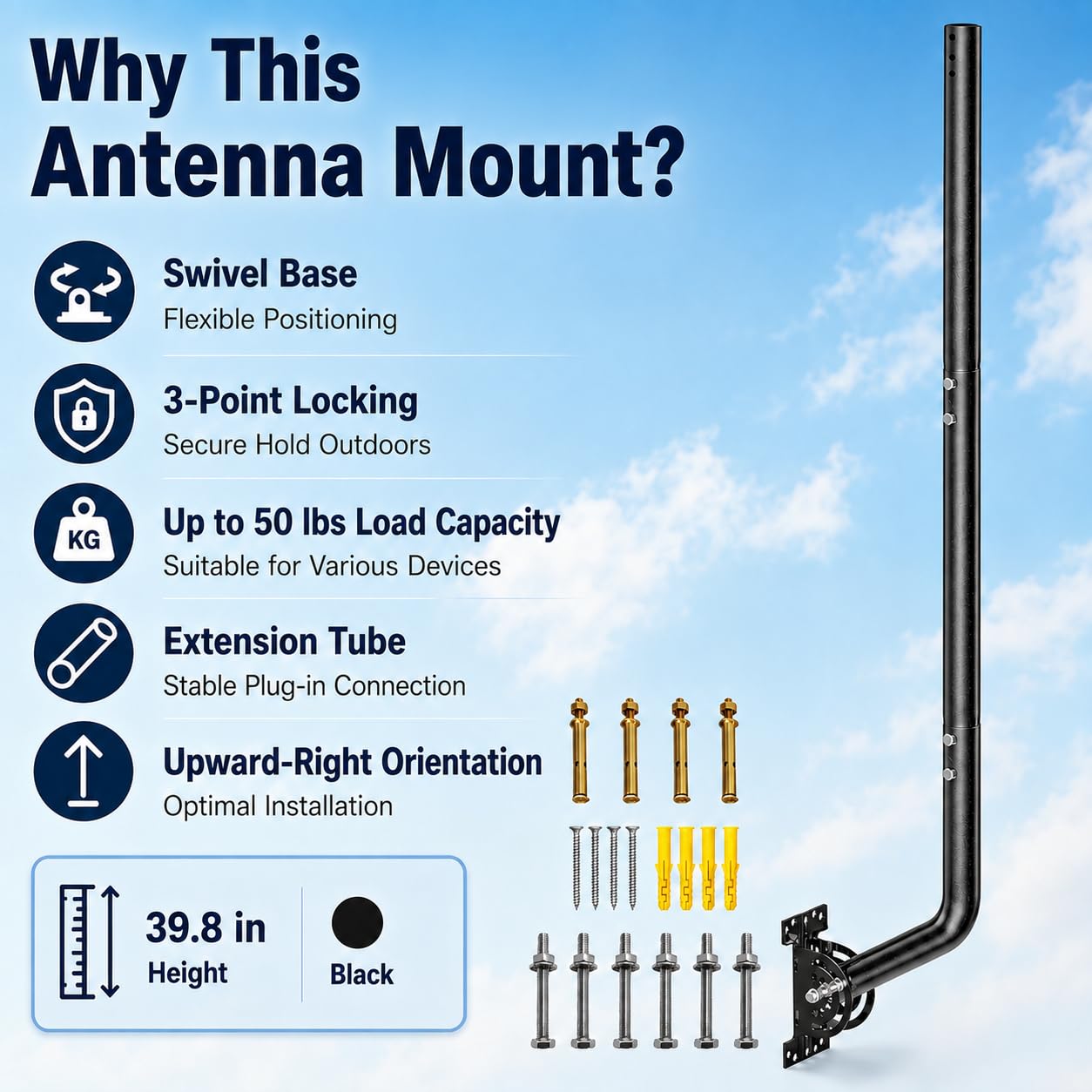 Antena wspornikowa, maszt antenowy – regulowany uchwyt i uchwyt ścienny do anteny telewizyjnej, satelity, radia i sieci WLAN (czarna, 82 cm)