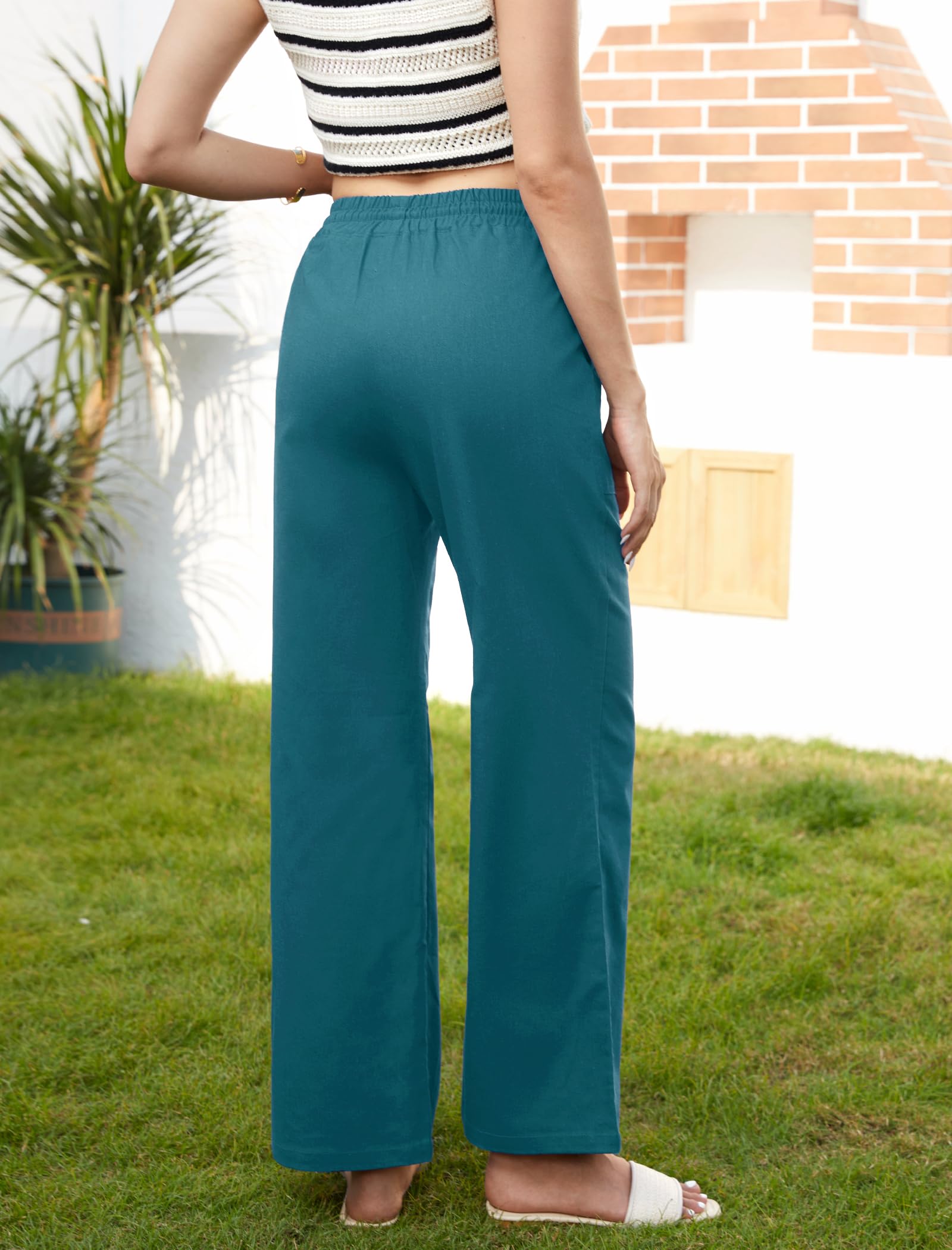 Enmain Pantalon Fluide Femme Été en Lin Pantalons Taille Élastique Décontracté Léger Ample avec Poches pour Vacances Plage ou Balade