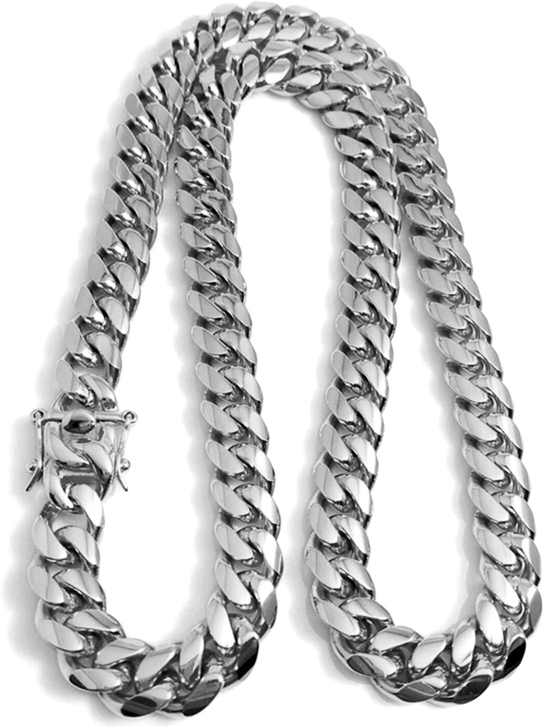 14K White Gold Cuban Link Chain Necklace for Men Real 14MM 14K Karat Diamond Cut Heavy w Solid Thick Plated Clasp US Made