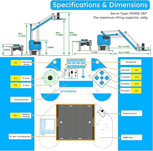 Miniatura 7 de Microbit - Kit de brazo robótico inteligente, kit de construcción de brazo mecánico programable 4DF para principiantes, aficionados a aprender