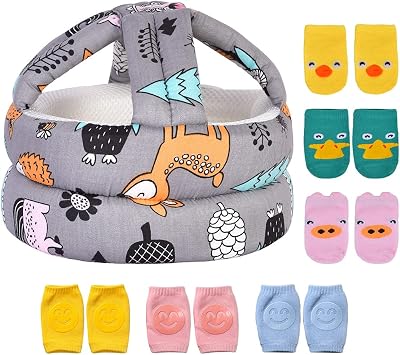 Adjustable Safety Helmet, Lightweight and Soft, Infant Head Protector with Knee Pads & Socks. Forest, Gray