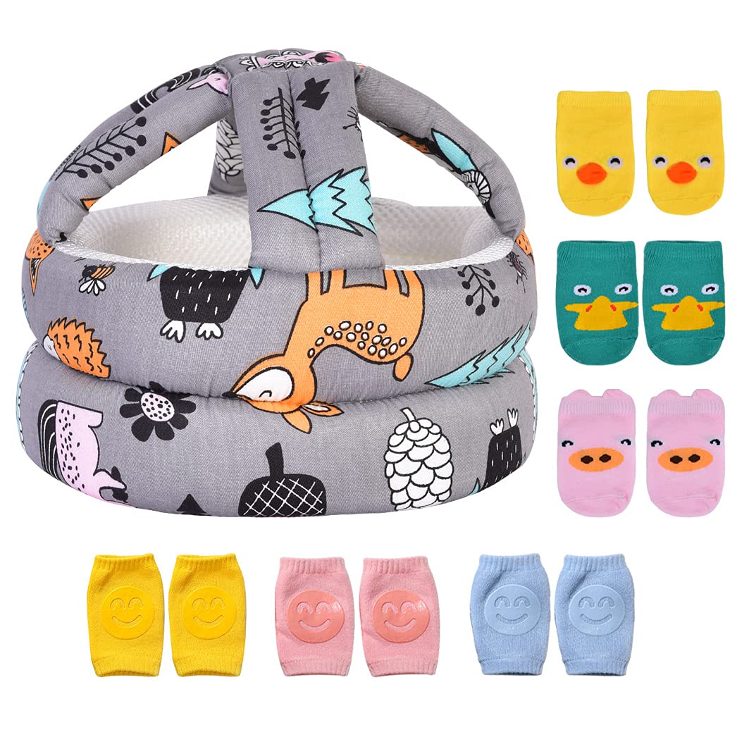 Baby Adjustable Helmet, Lightweight and Soft, with 3 Pairs Baby Knee Pads for Crawling & 3 Pairs Baby Socks, Great for Baby Learning to Walk and Crawl. Forest,Gray+6