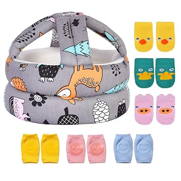Baby Adjustable Helmet, Lightweight and Soft, with 3 Pairs Baby Knee Pads for Crawling & 3 Pairs Baby Socks, Great for Baby Learning to Walk and Crawl. Forest,Gray+6