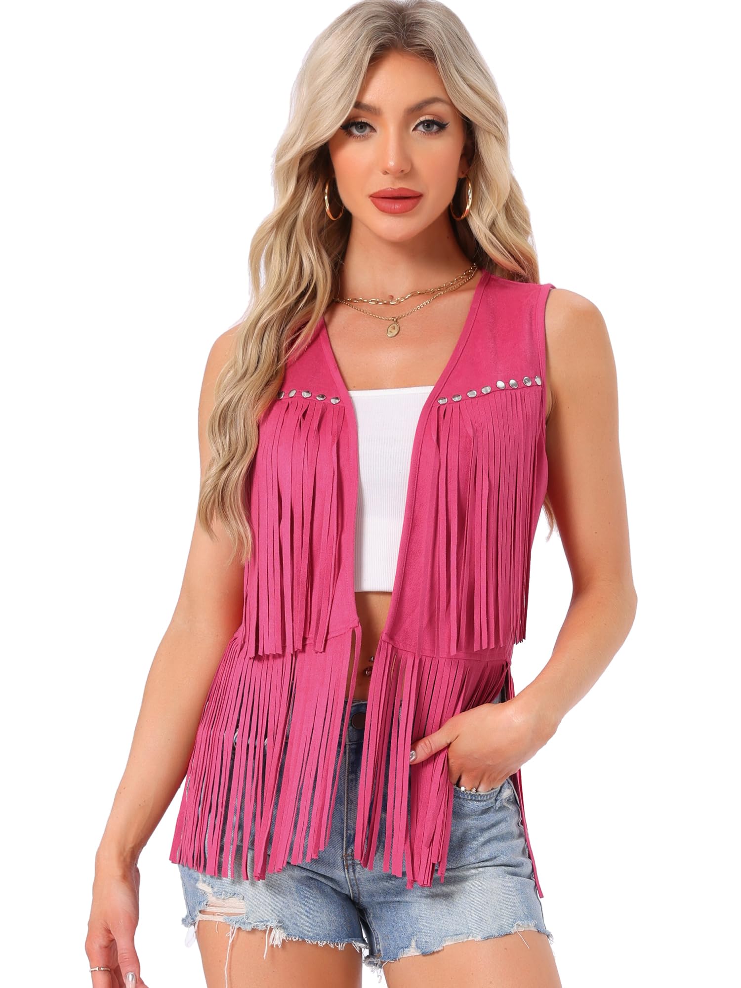 Allegra K Womens Fringe Vest Open Front Western 70s Outfits Faux Suede Tassel Cardigan