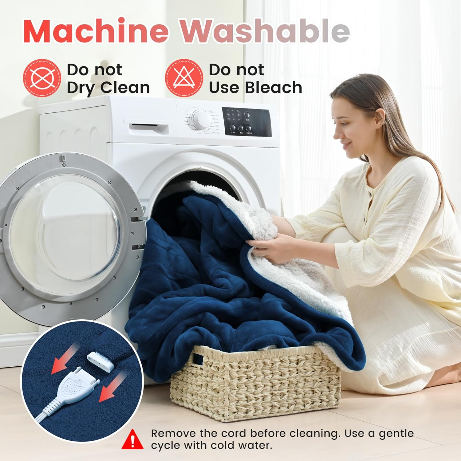 Sunable Heated Electric Blanket - Machine Washable Blanket with Time Settings Heat Settings Twin Size 62×84 inches Navy Blue - Velvet & Sherpa