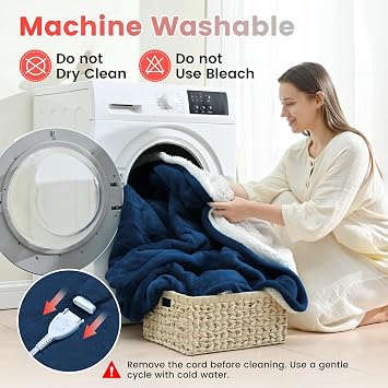 Sunable Heated Electric Blanket - Machine Washable Blanket with Time Settings Heat Settings Full Size 7784 inches Navy Blue - Velvet & Sherpa