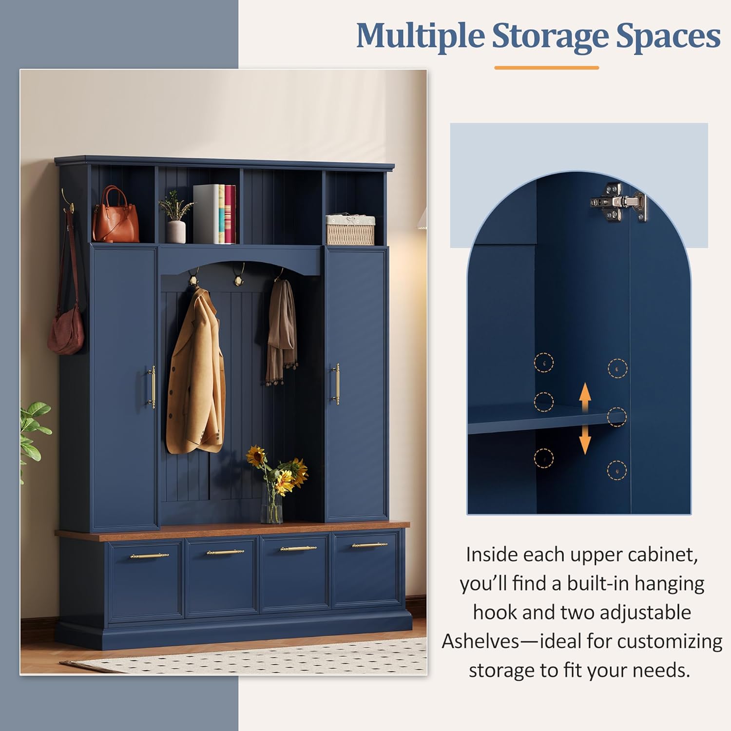 Merax 59" W Hall Tree with Golden Hooks & Handles, Practical Entryway Walnut Bench with Adjustable Shelves, 76.7" H Farmhouse Wooden Style Coat & Shoe Rack for Mudroom, Living Room, Blue