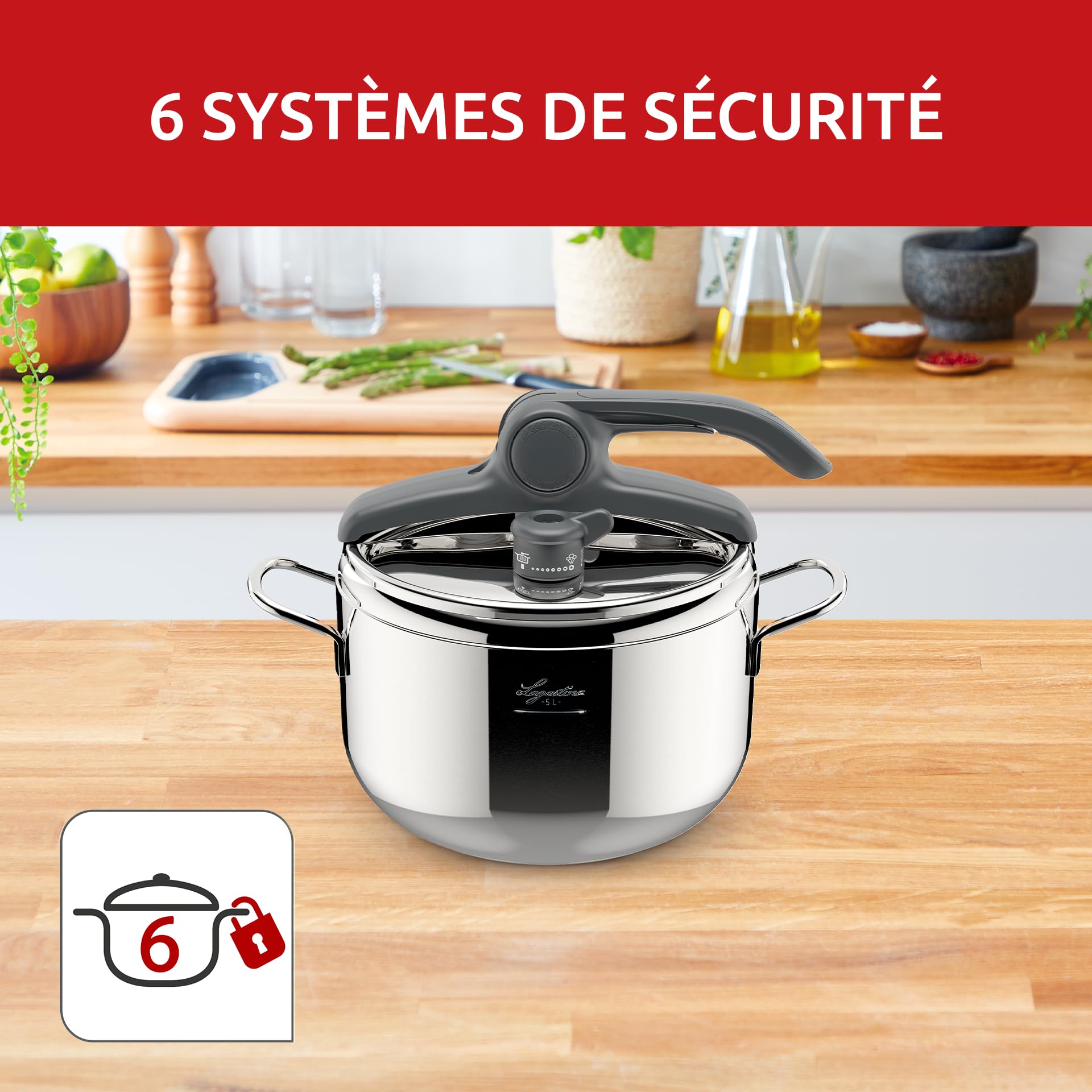 Lagostina Irradial Control Lagoeasy'UP Autocuiseur 5 L en Acier Inoxydable 18/10 Ø 22 cm, Casserole Induction et à Gaz, Couvercle à Ouverture Facile, Fond Irradial Plus Triple Couche