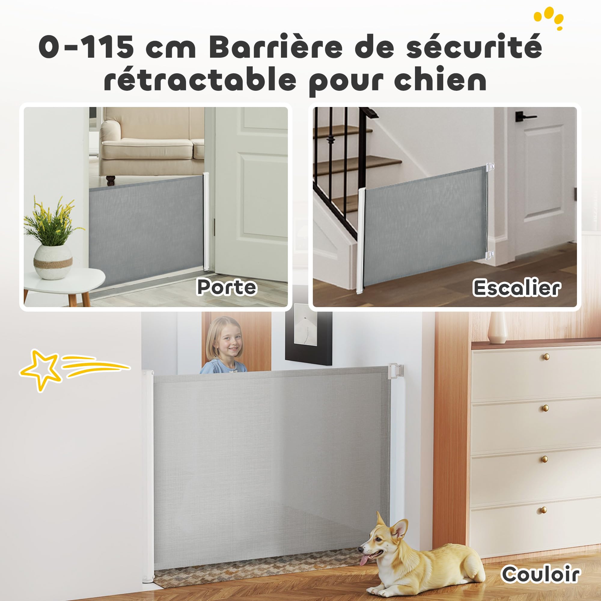 PawHut Barrière de sécurité barrière Animaux rétractable Automatique 1,15L x 0,83H m teslin métal Gris