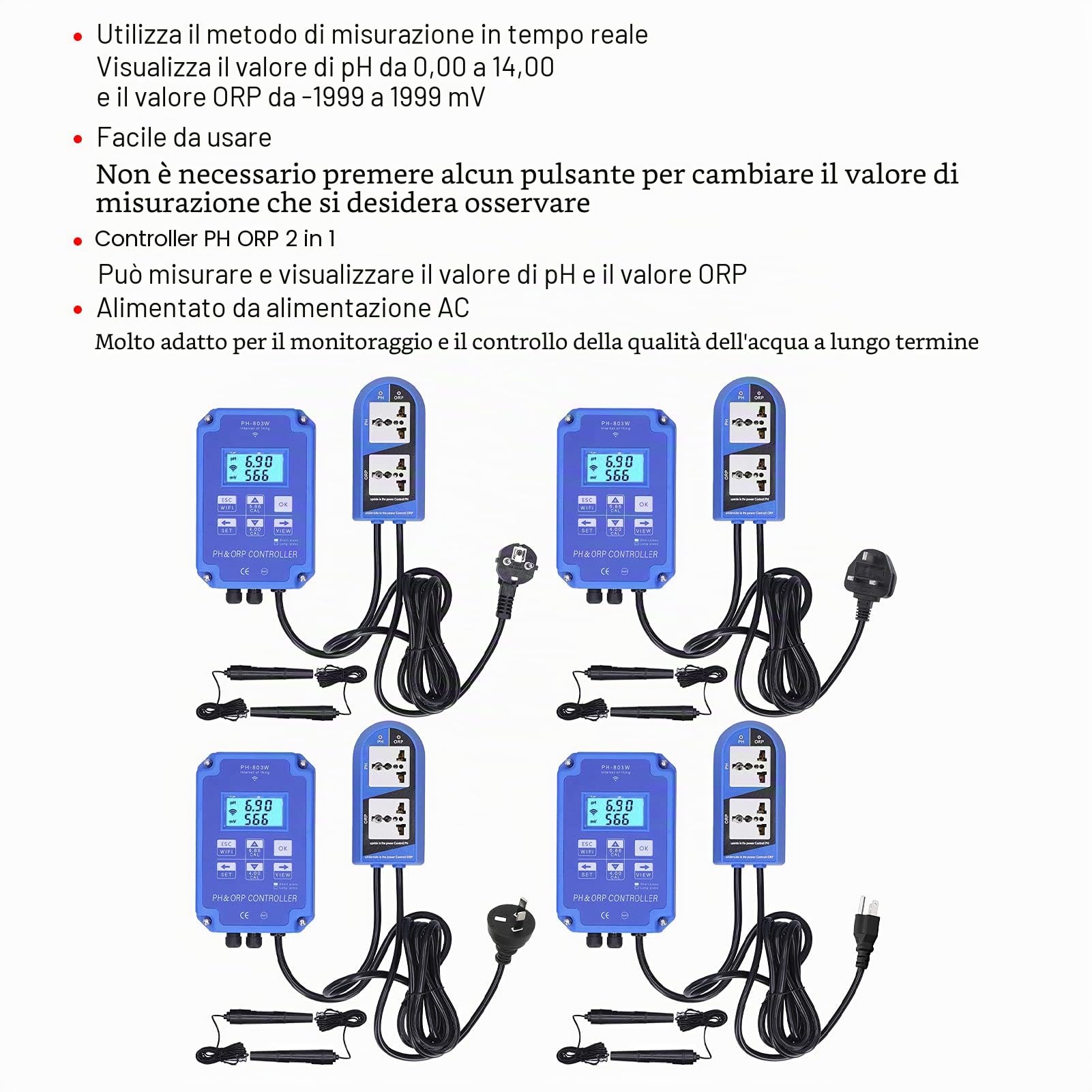 PH-803W Controllore Redox Redox Misuratore Multiparametrico per Test Dell'acqua per il Monitoraggio e il Controllo della Qualità Dell'acqua a Lungo Termine(EU Plug 250V)