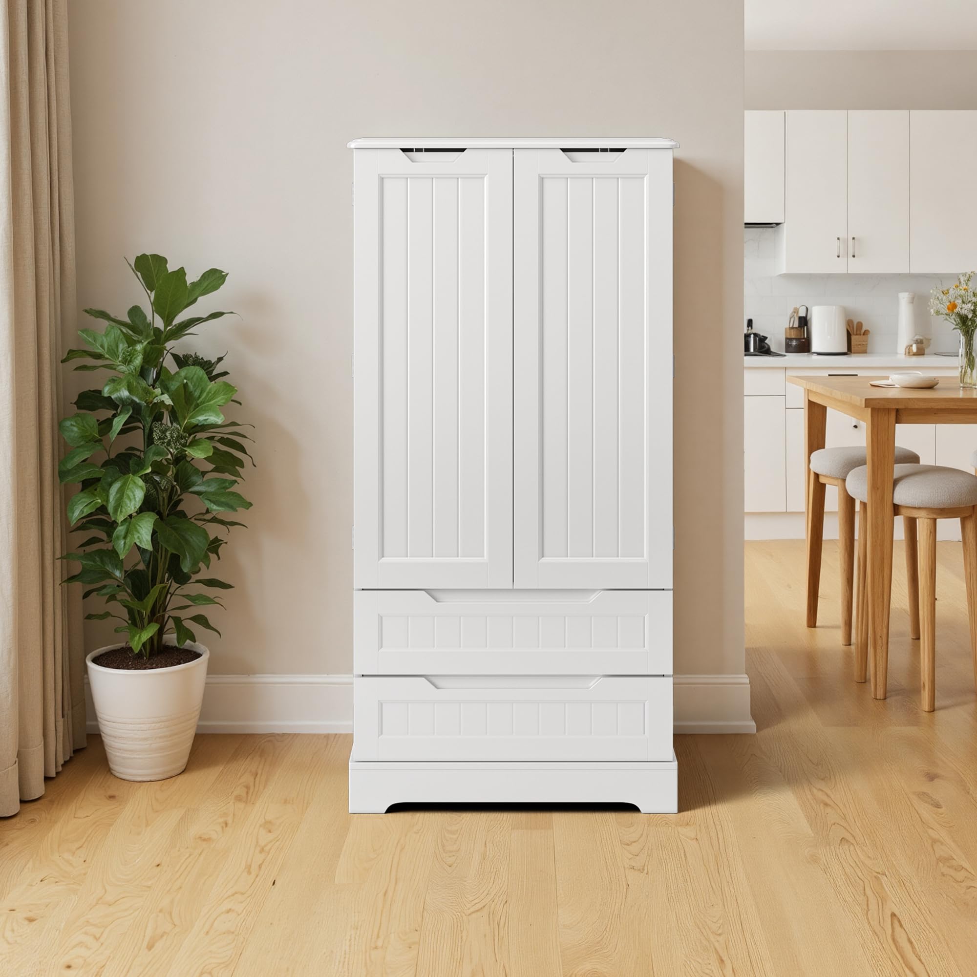 Küchenschrank Weiß mit Holzplatte, Buffetschrank mit 2 Schubladen und Türen, Vorratsschrank Landhausstil, Sideboard Aufbewahrungsschrank für Küche, Esszimmer und Wohnzimmer