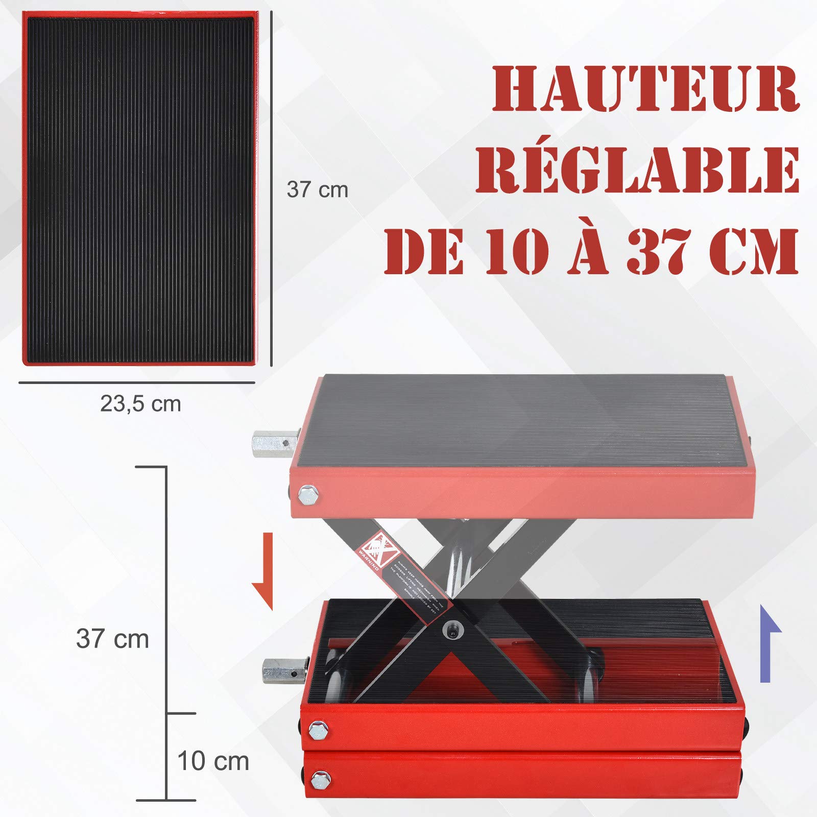 HOMCOM Lève Moto béquille d'atelier Stand Moto Tout-Terrain Moto Cross supermotard Hauteur réglable 10-37H cm Acier Charge Max. 500 Kg Rouge et Noir