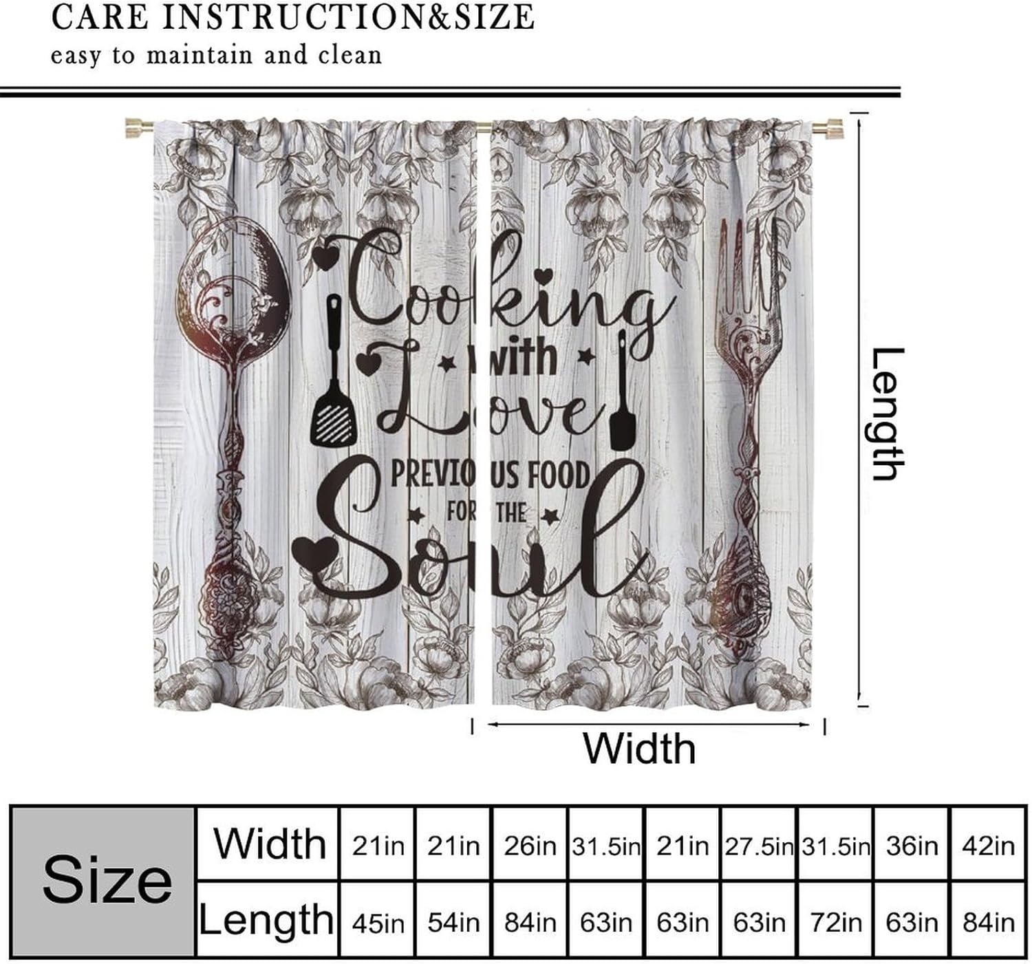 Rustic Kitchen Blackout Curtains Spoon Fork Plank Pattern Retro Floral Cooking Theme Window Treatments for Living Room Coffee Shop 42" W X 63" L