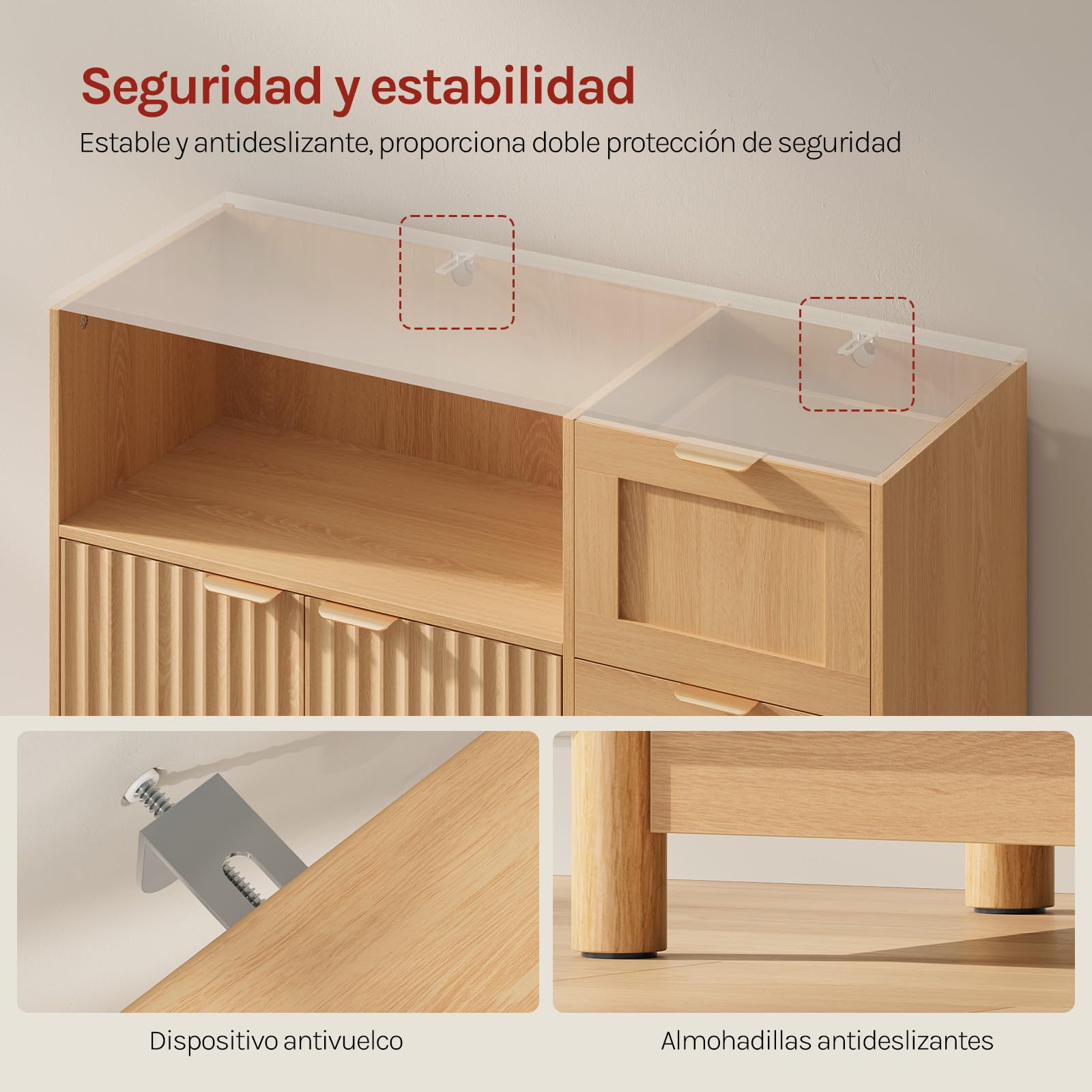 WOLTU Aparador, Mueble Cocina con 3 Cajones, 2 Puertas, Buffet Auxiliar de Cocina con Estante Ajustable, Compartimento Abierto, para Salón, Cocina y Comedor, 90x35x80 cm, Efecto de Madera
