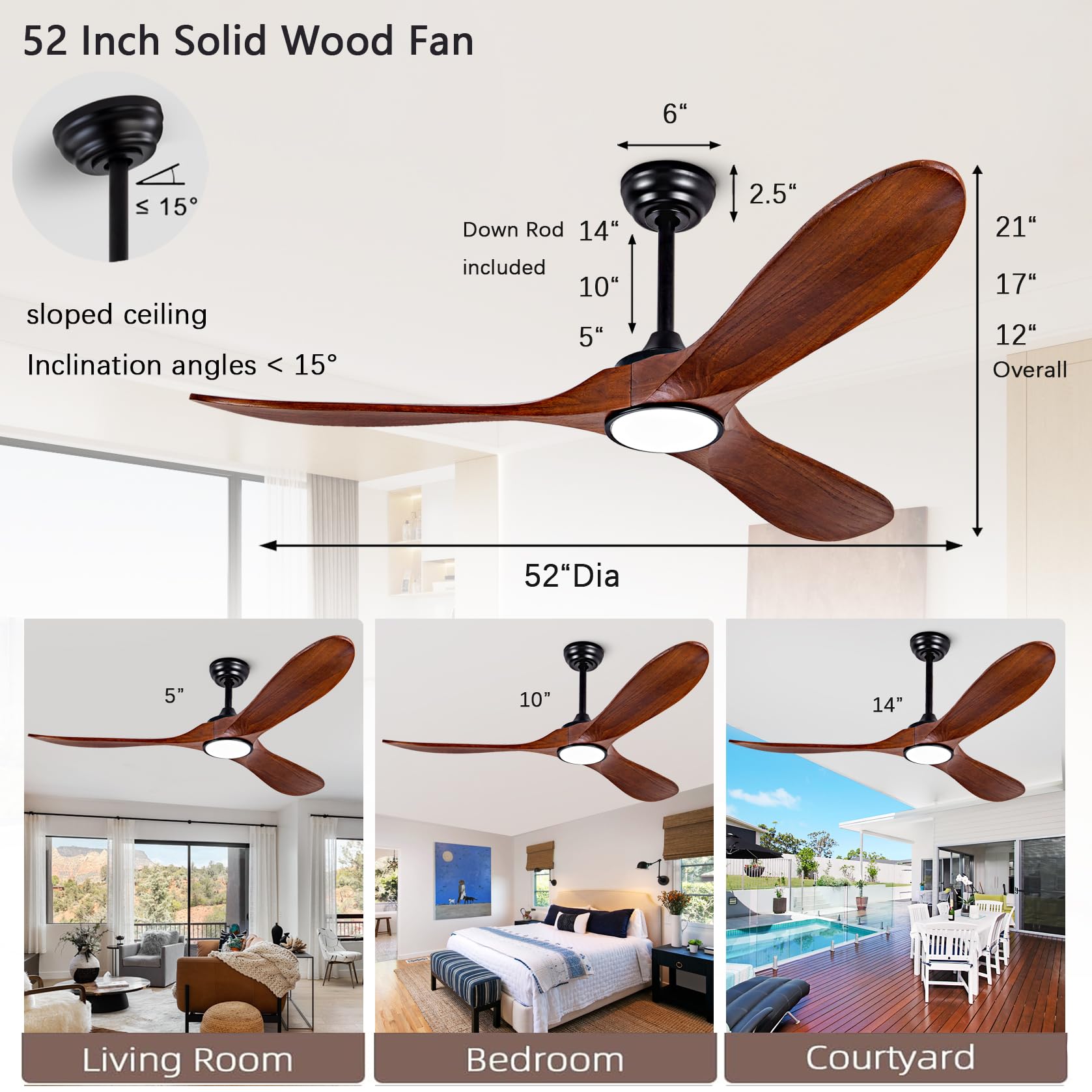 52 Ceiling Fans with Remote Light APP Dimmer and Color Wooden Ceiling Fan with 3 Wooden Blades for — view 2