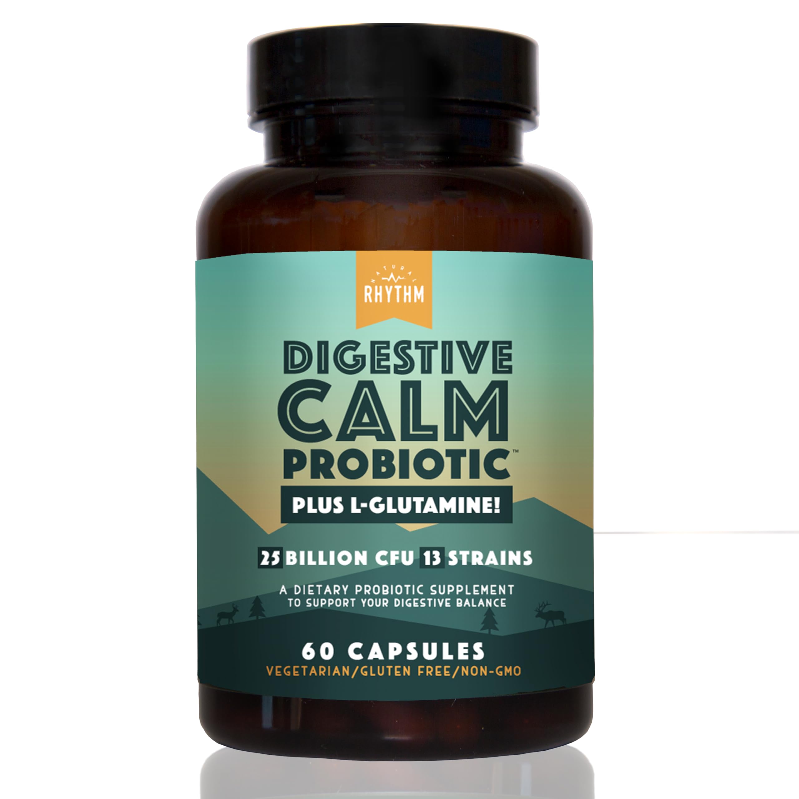 Natural Rhythm Digestive Calm Probiotic (Plus L-Glutamine) 25 Billion CFU and 13 Strains. - Natural Support for Better Digestion - for Bloating & Constipation + Gas Relief & Leaky Gut - 60 Capsules.