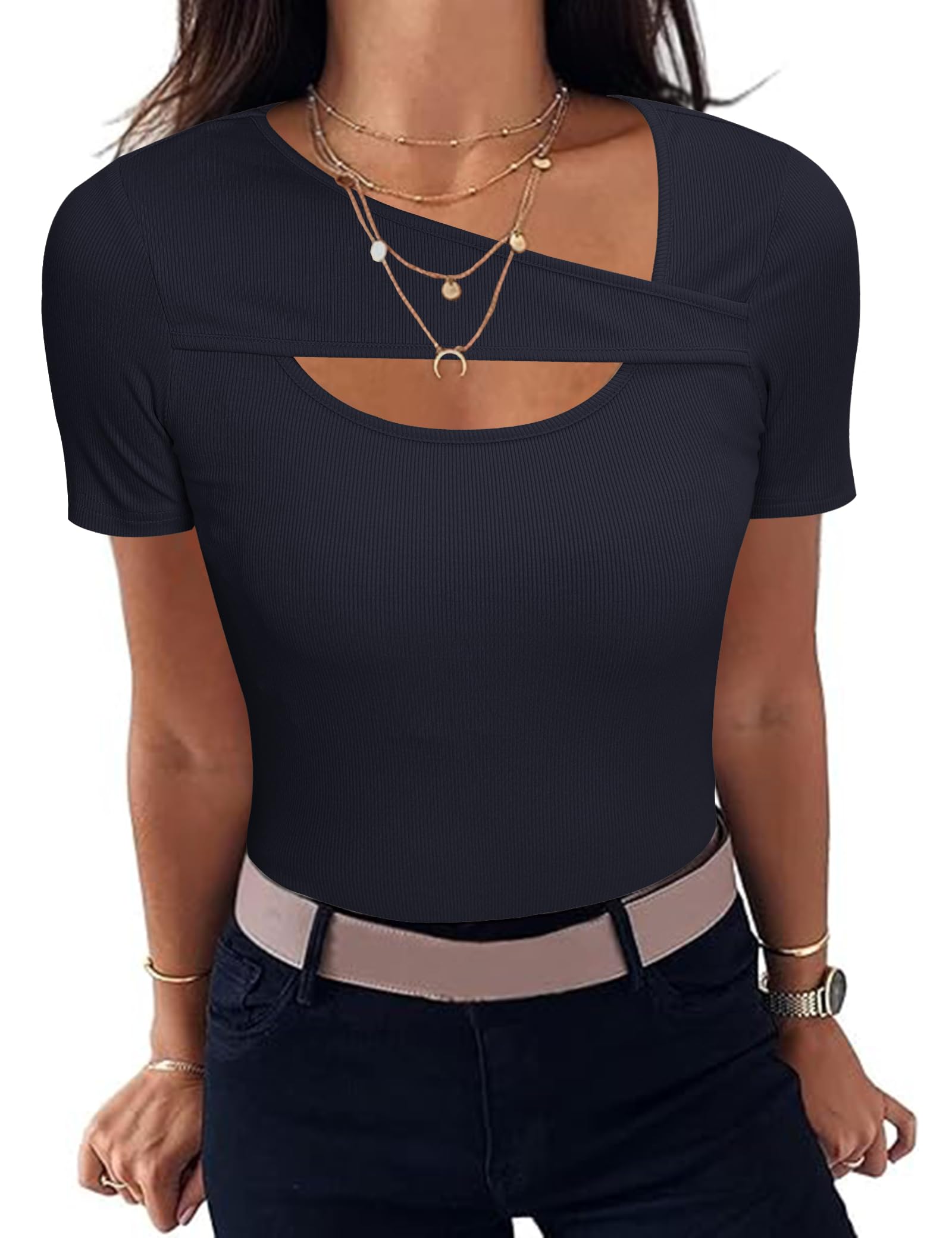 Aottori Damen T-Shirt Asymmetrischer Ausschnitt Sommer Oberteile Kurzarm Gerippt Basic Tee Shirts Elegant Slim Fit Tshirt Stretch Casual Tops Einfarbig