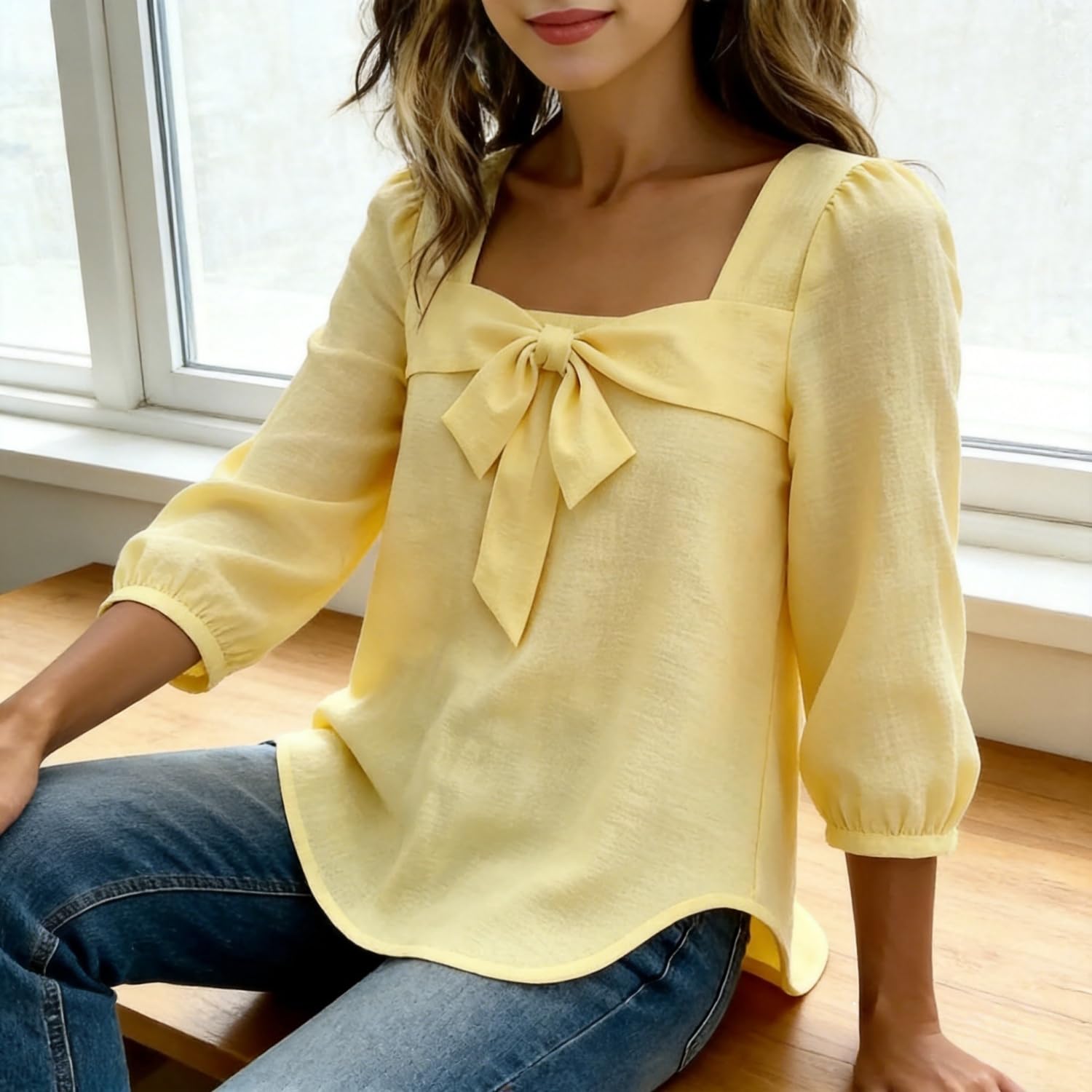 Camisa Casual de Mujer con Lazo, Color Liso, Manga Larga, Cuello Cuadrado, Corte Regular y puños elásticos