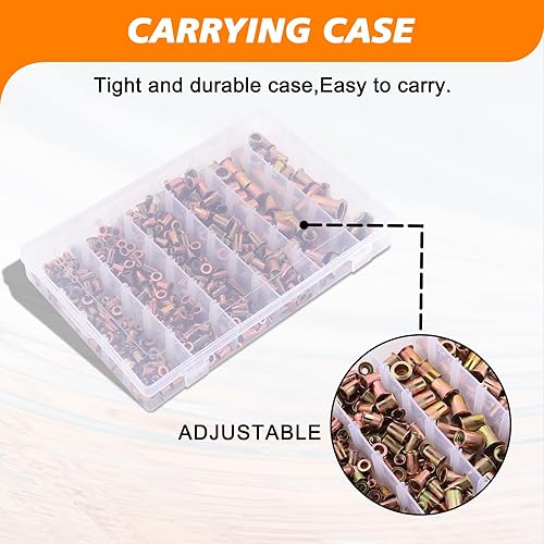 Miniatura 5 de 425pcs Rivet Nut Kit, SAE UNC Rivet Nuts Assortment, Zinc Plated Finish, Carbon Steel Flat Head Insert Threaded Rivet Nut Tool Kit with