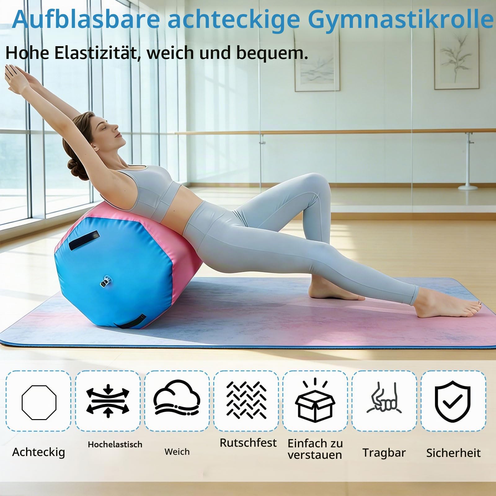 Aufblasbare Air Roll, 80 * 100cm Air Rolle Turnen, Gymnastikmatte mit Luftpumpe, Achteckige Turnmatte, Air Barrel Gymnastik Rolle Tumbling Matten Fitnessrolle für Yoga Fitness Zuhause
