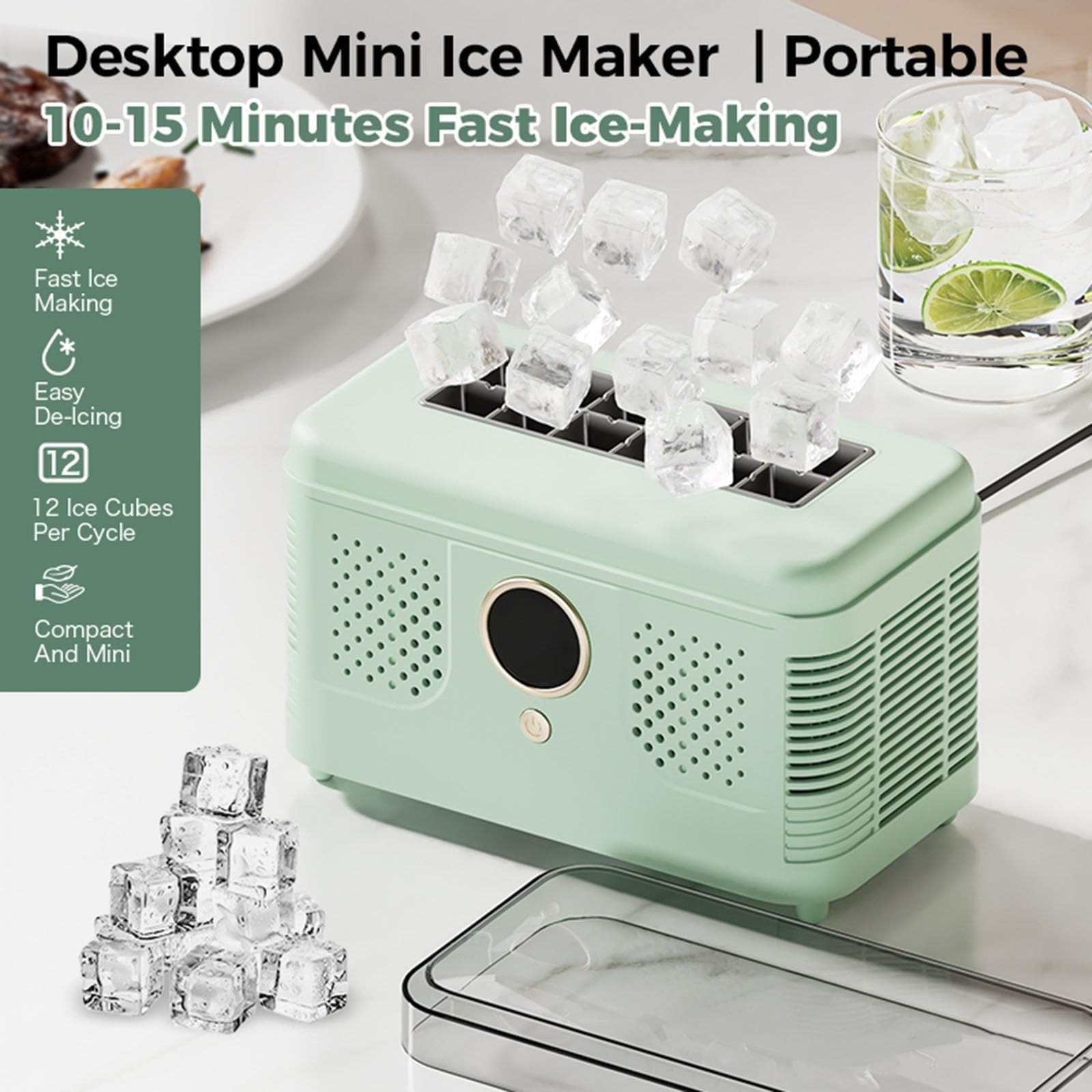 Máquina for hacer hielo en encimera, mini máquina for hacer cubitos de hielo, fabricación rápida de doble potencia, compatibilidad con automóviles de 12 V,15-20 minutos(White,12 Cubes)