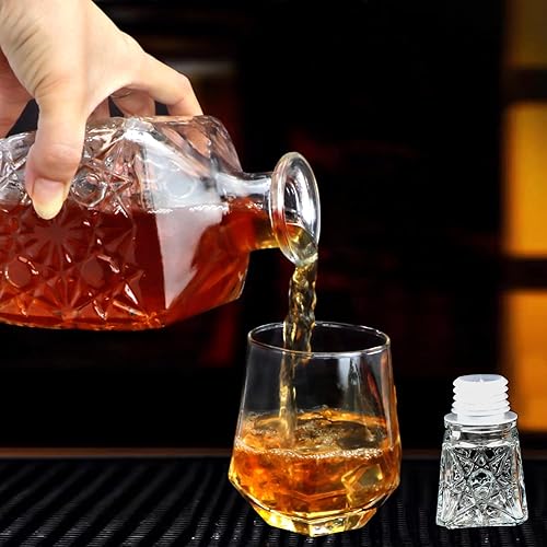 Miniatura 7 de Decantador de gafas, botella de vino con patrón de diamante de 26 onzas con tapa, delicado juego de decantadores para tequila, brandy, escocés y