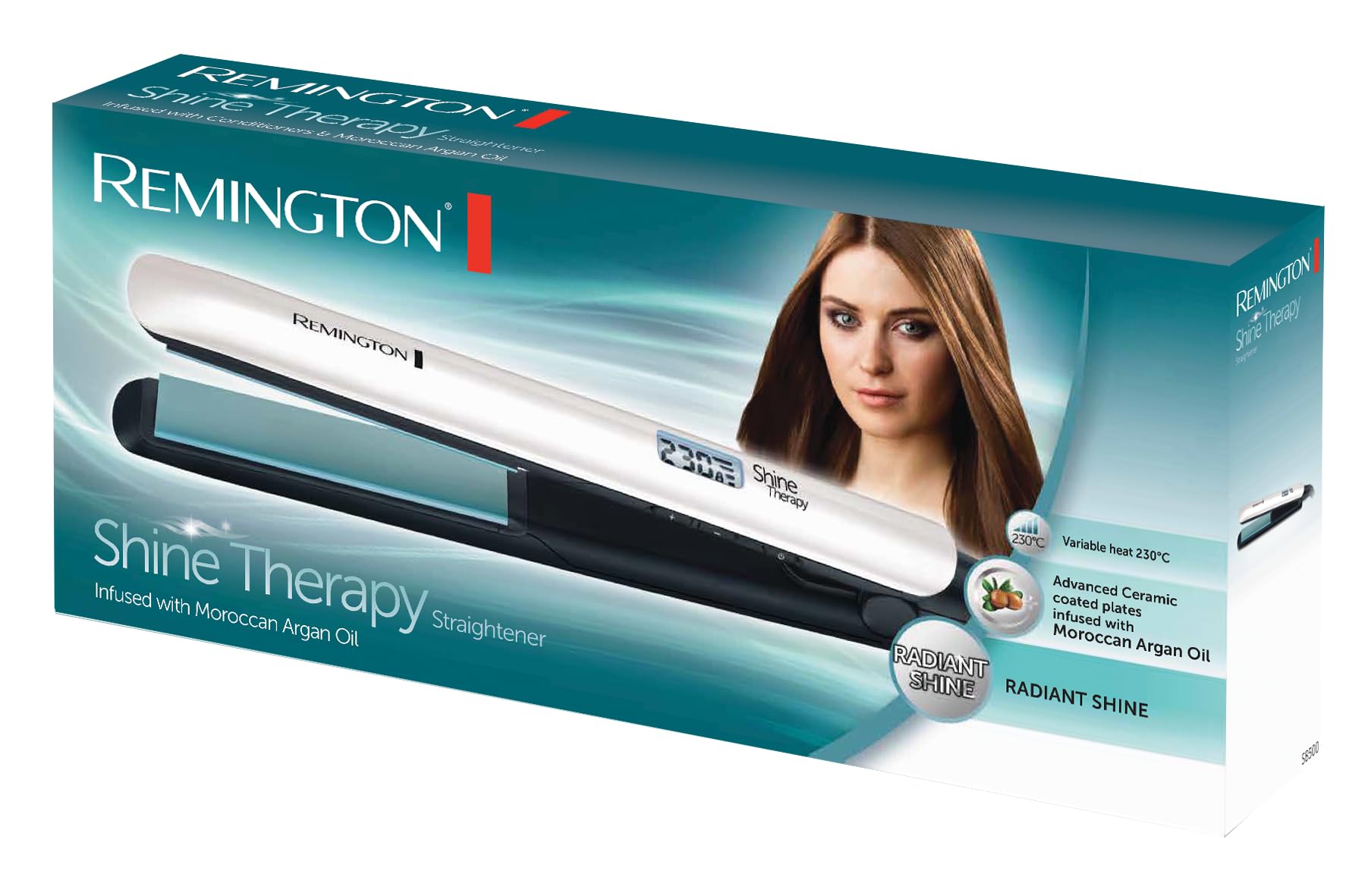 Remington Glätteisen Shine Therapy (hochwertige Keramikbeschichtung angereichert mit Mikrowirkstoffe für mehr Glanz -marokkanisches Arganöl & Vitamin E) LCD-Display, 150-230°C, Haarglätter S8500
