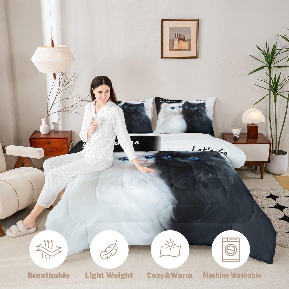 Homewish Nero Bianco Gatti Singolo Coverless Set Copripiumino Poliestere | Set di biancheria da letto con copripiumino e 1 federa per gli amanti degli animali domestici, con occhi azzurri
